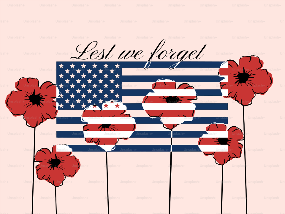 American flag with red poppies and "lest we forget"