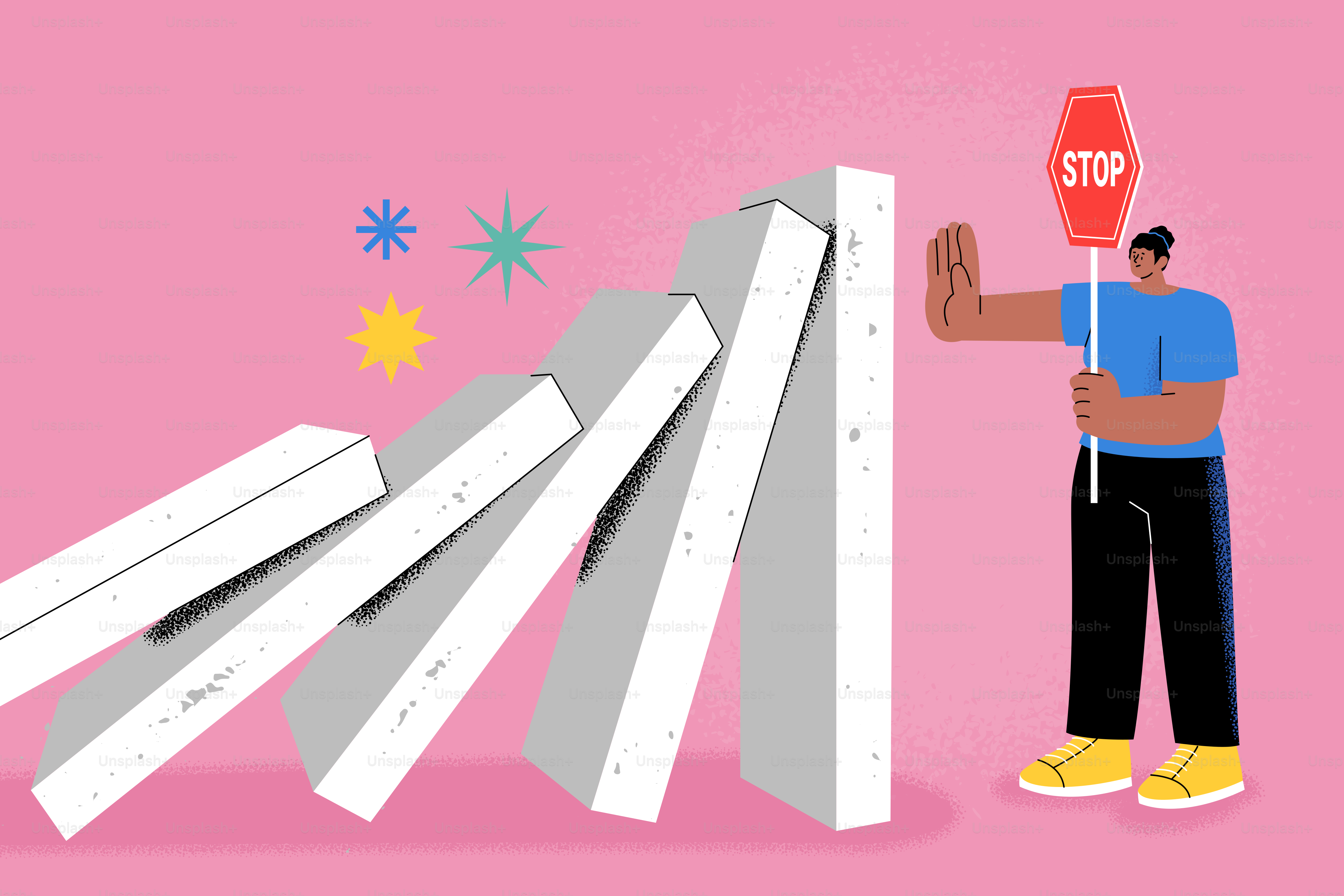 Man stops falling dominoes with stop sign.