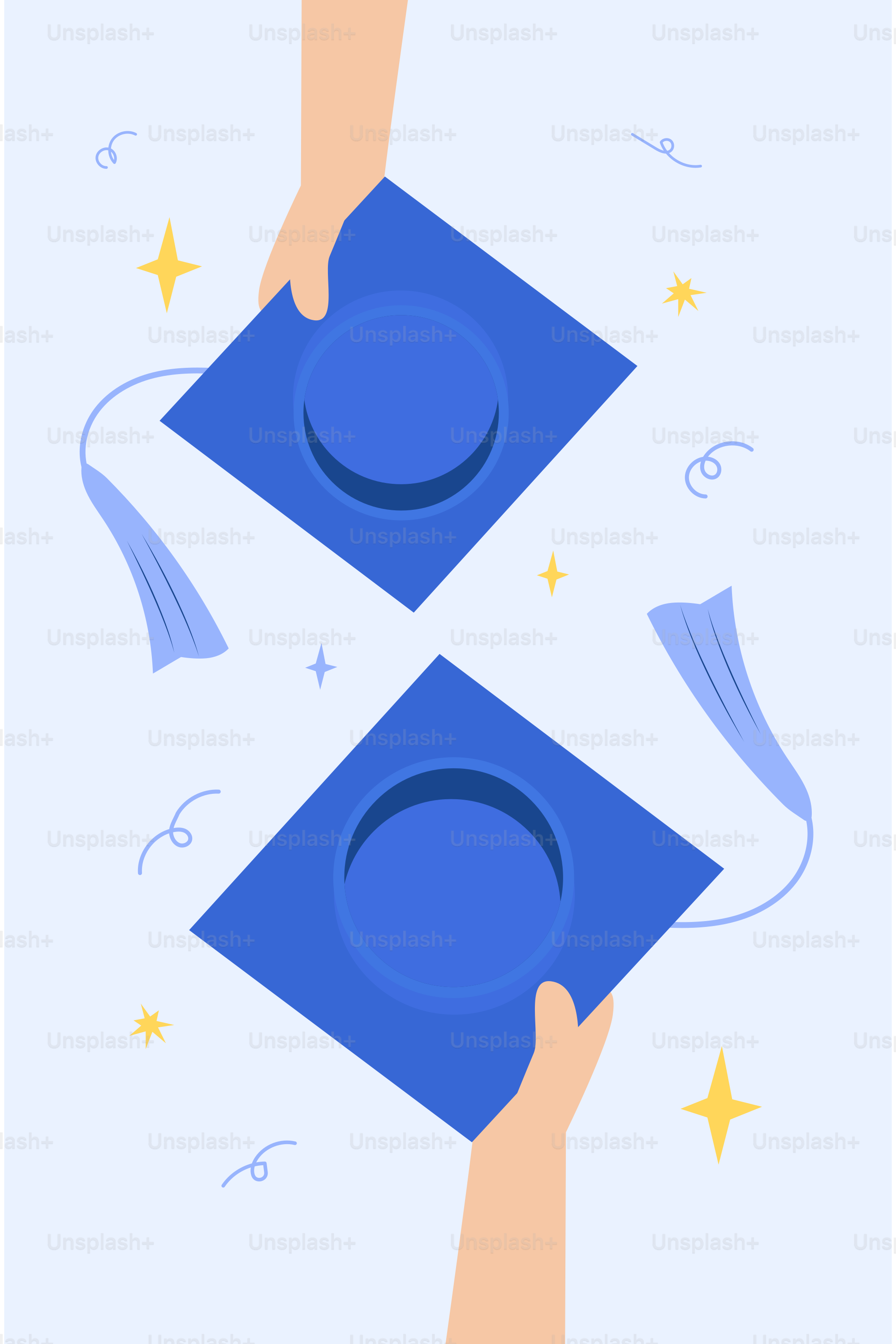 Two hands holding blue graduation caps with streamers.