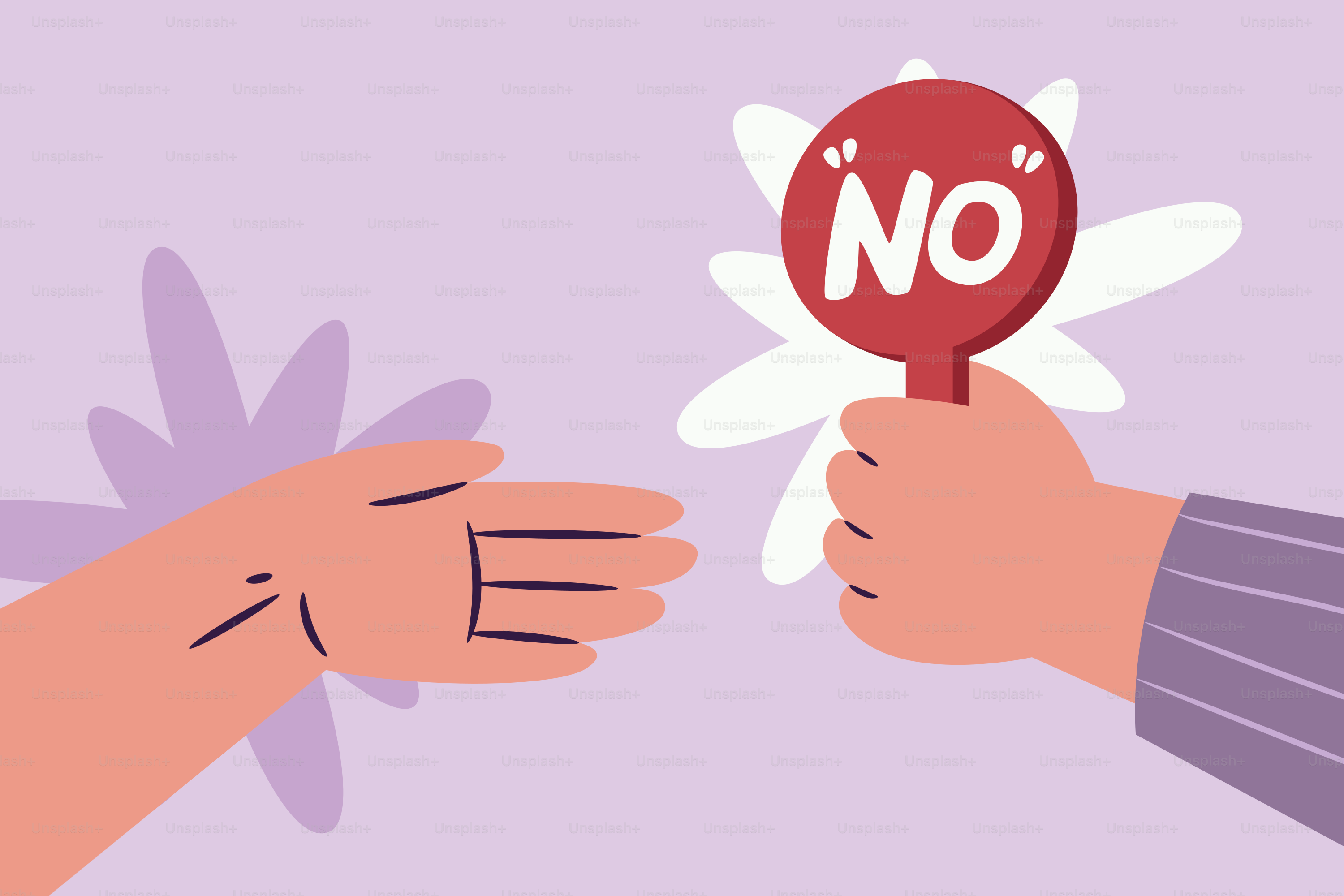 Hand holding sign with "no" rejecting outstretched hand
