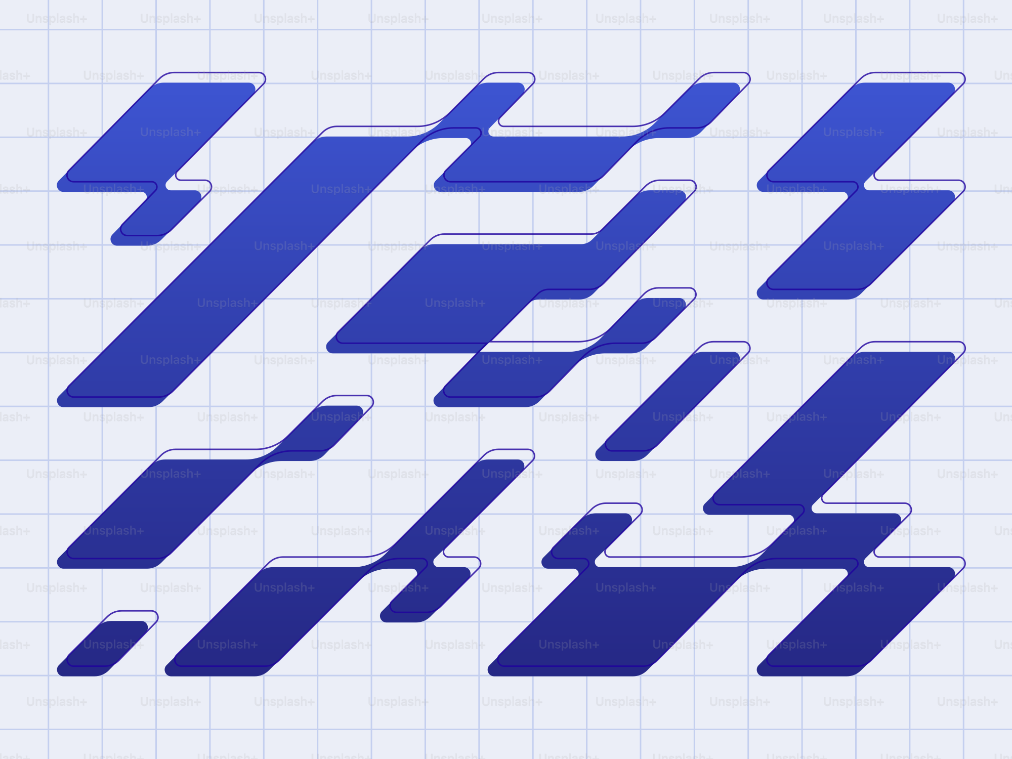 Formes abstraites bleues géométriques sur fond en grille.