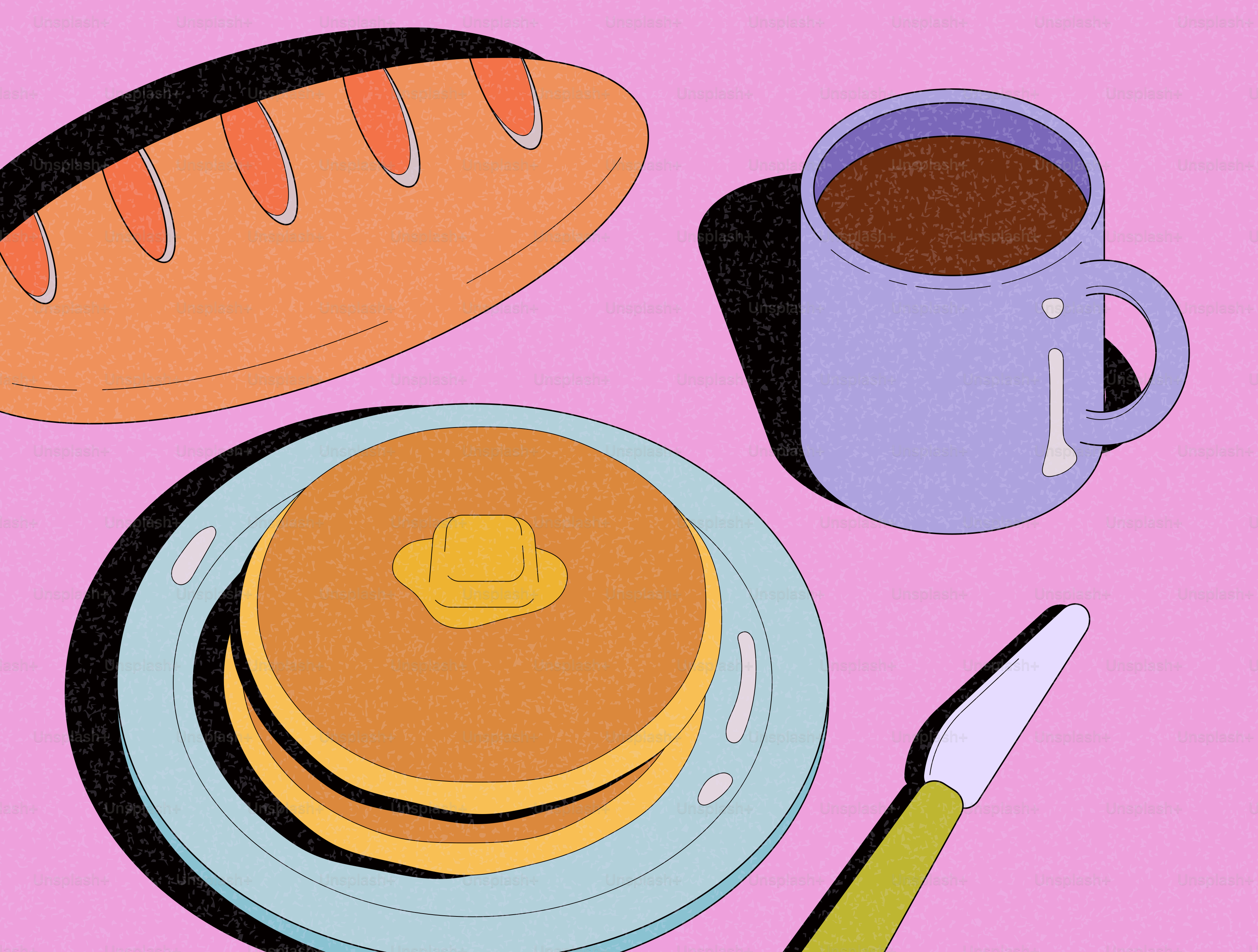 Pancakes, bread, and coffee on a pink background.