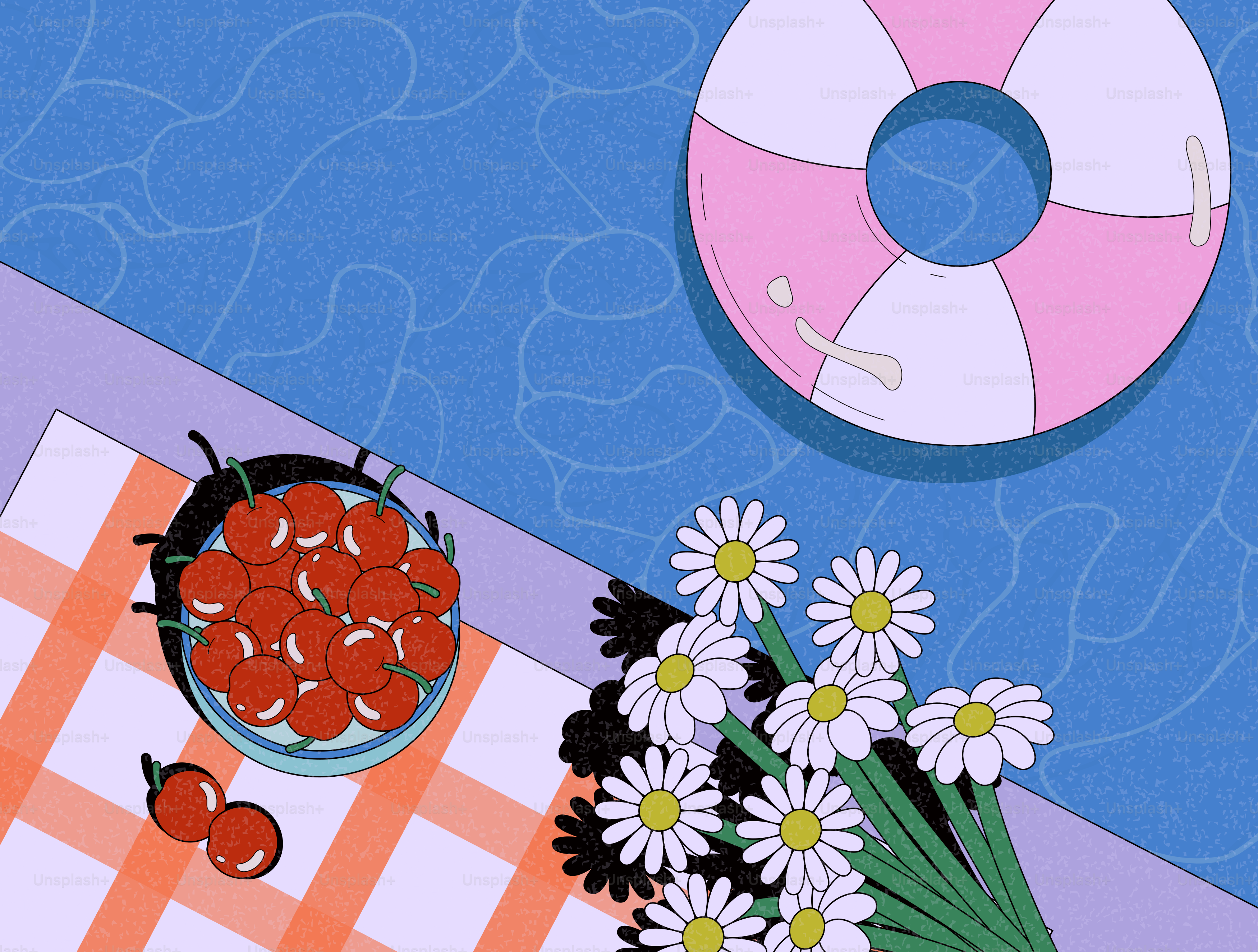 A picnic by the pool with cherries and daisies