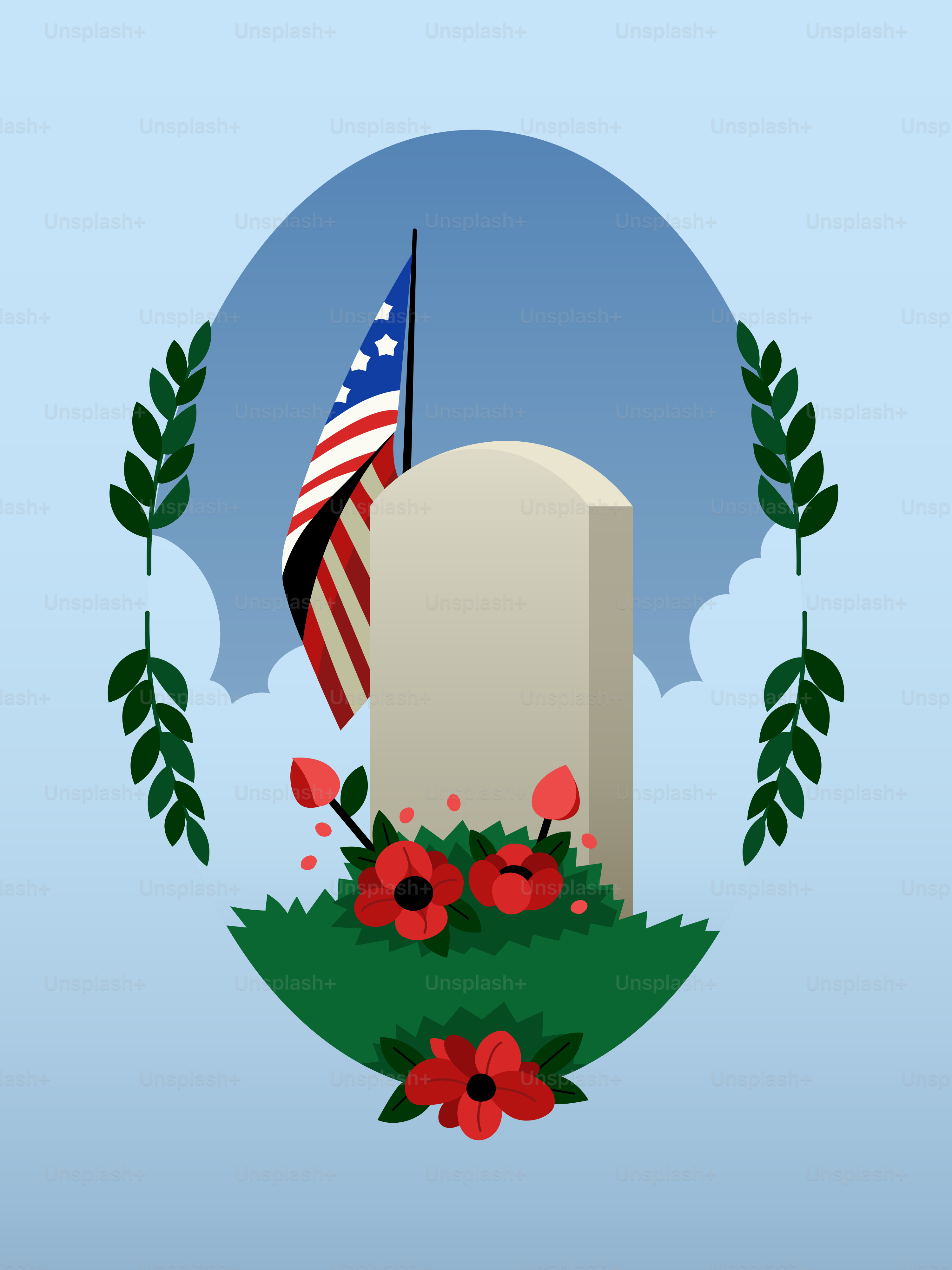 미국 국기와 빨간 양귀비가 새겨진 묘비.