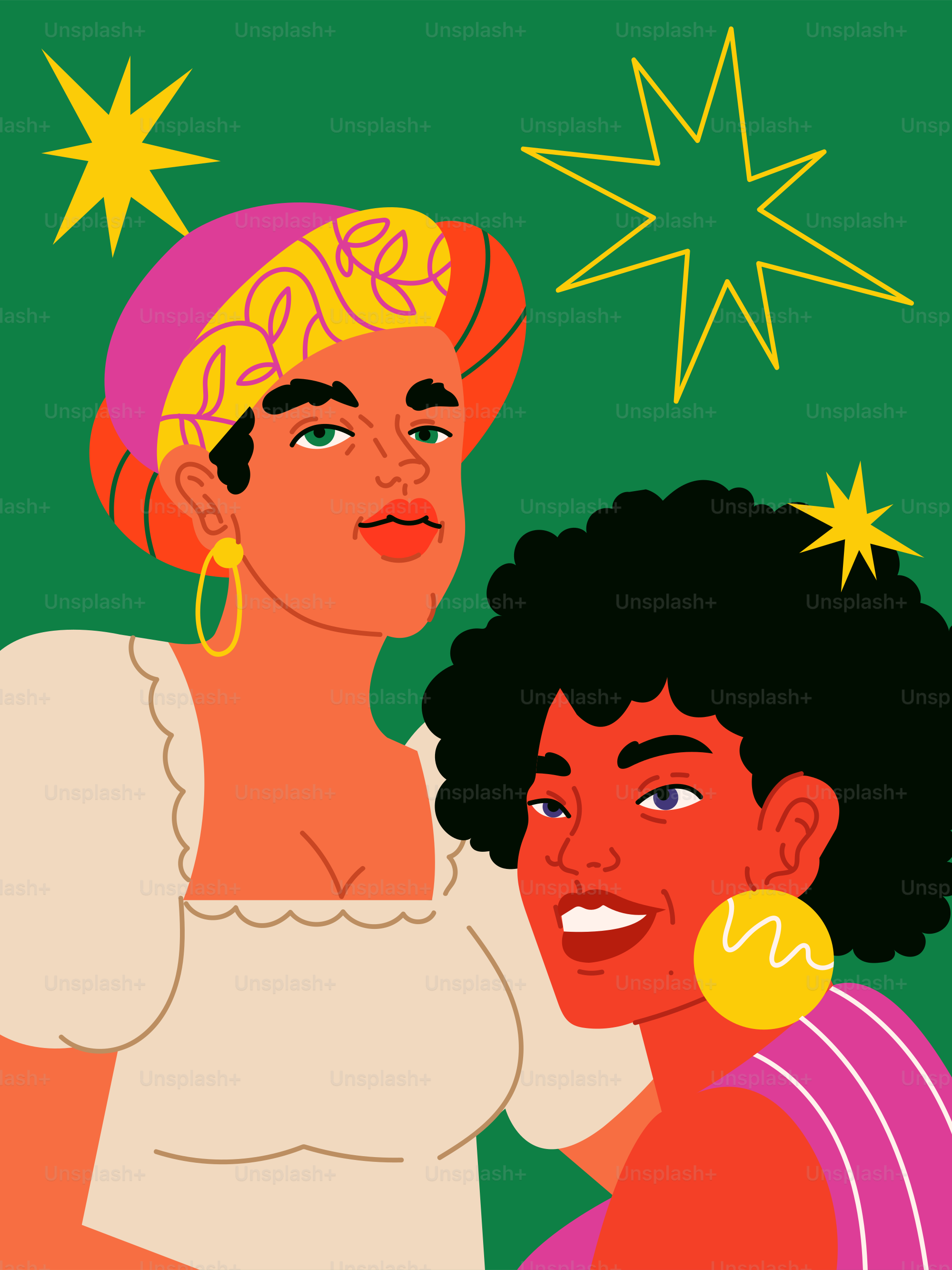 화려한 머리와 귀걸이를 한 두 여성.