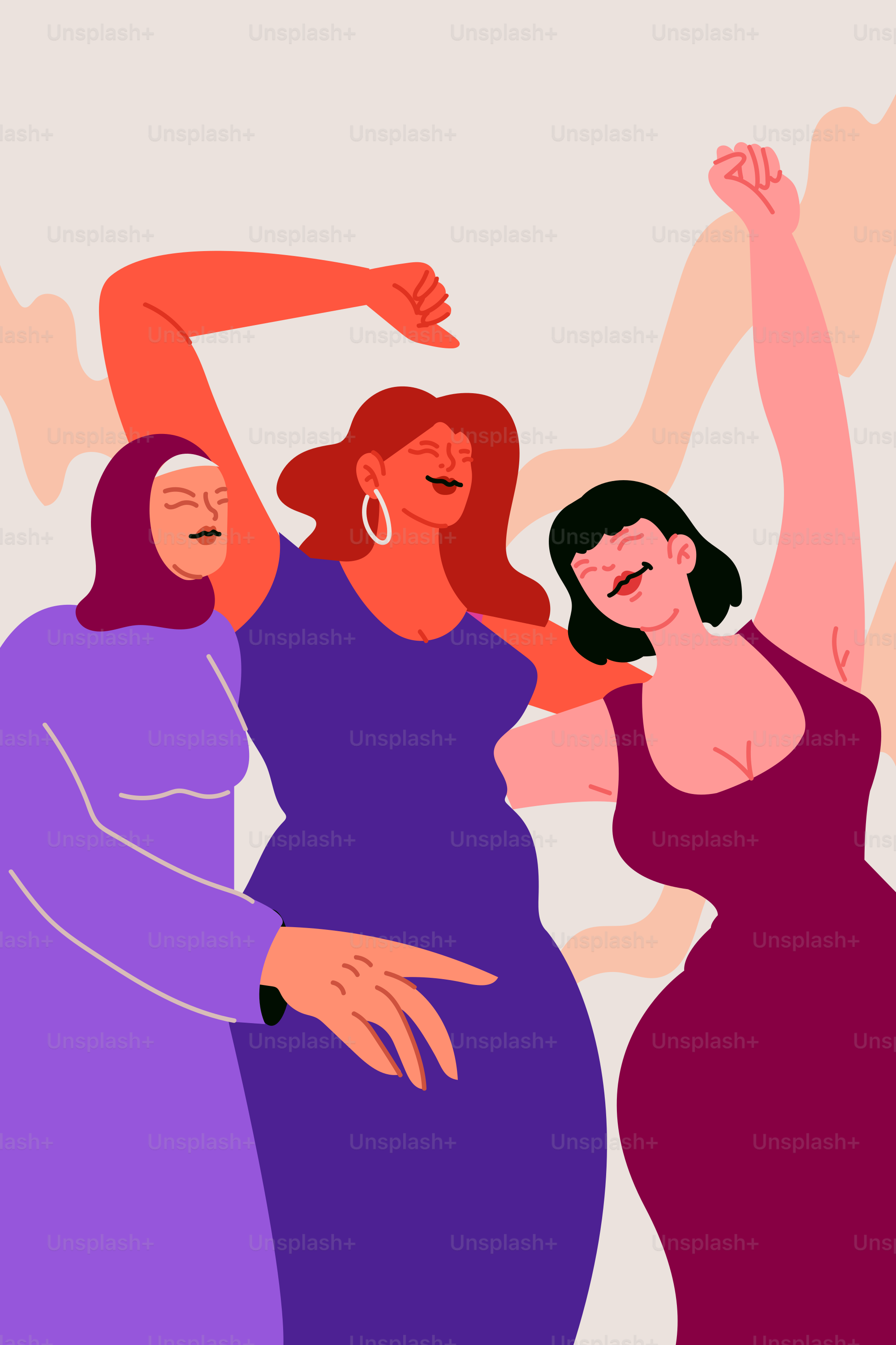 세 명의 다양한 여성들이 팔을 들어 함께 축하하고 있습니다.