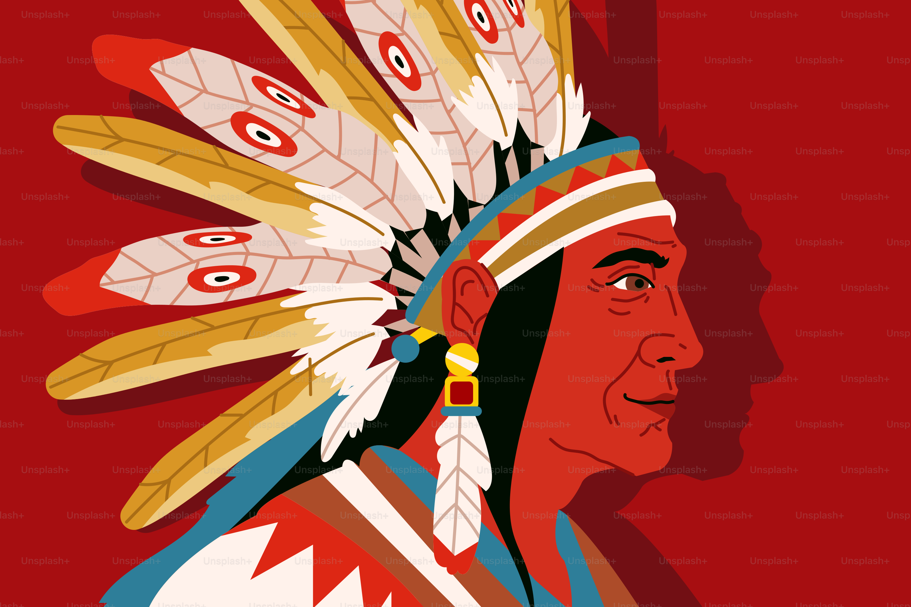 붉은 배경에 깃털을 쓴 남자