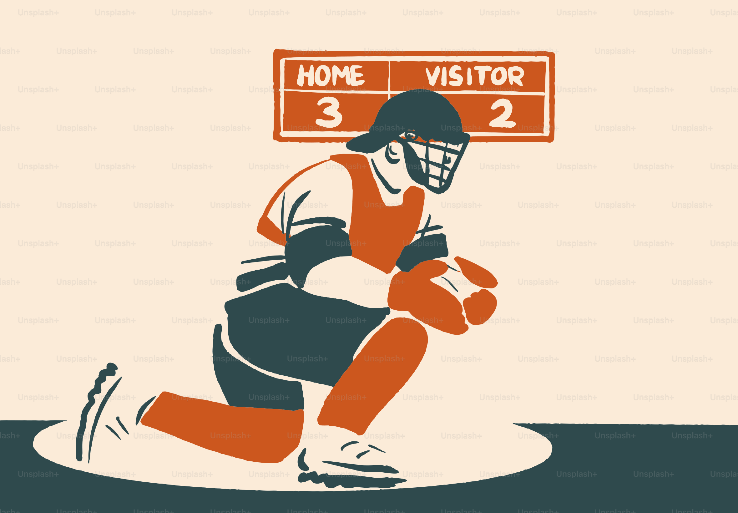 Baseball-Catcher in der Hocke mit Anzeigetafel