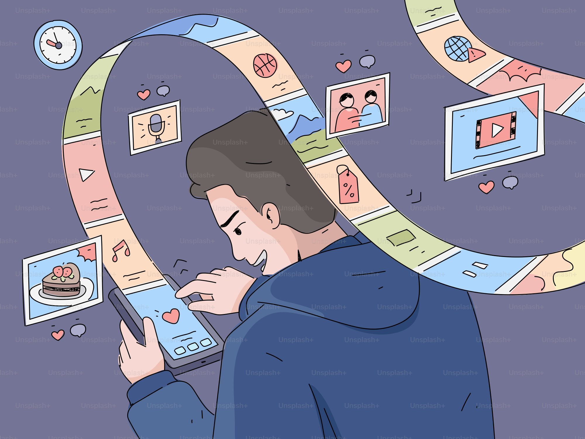 Uomo che usa uno smartphone con flusso di contenuti sui social media
