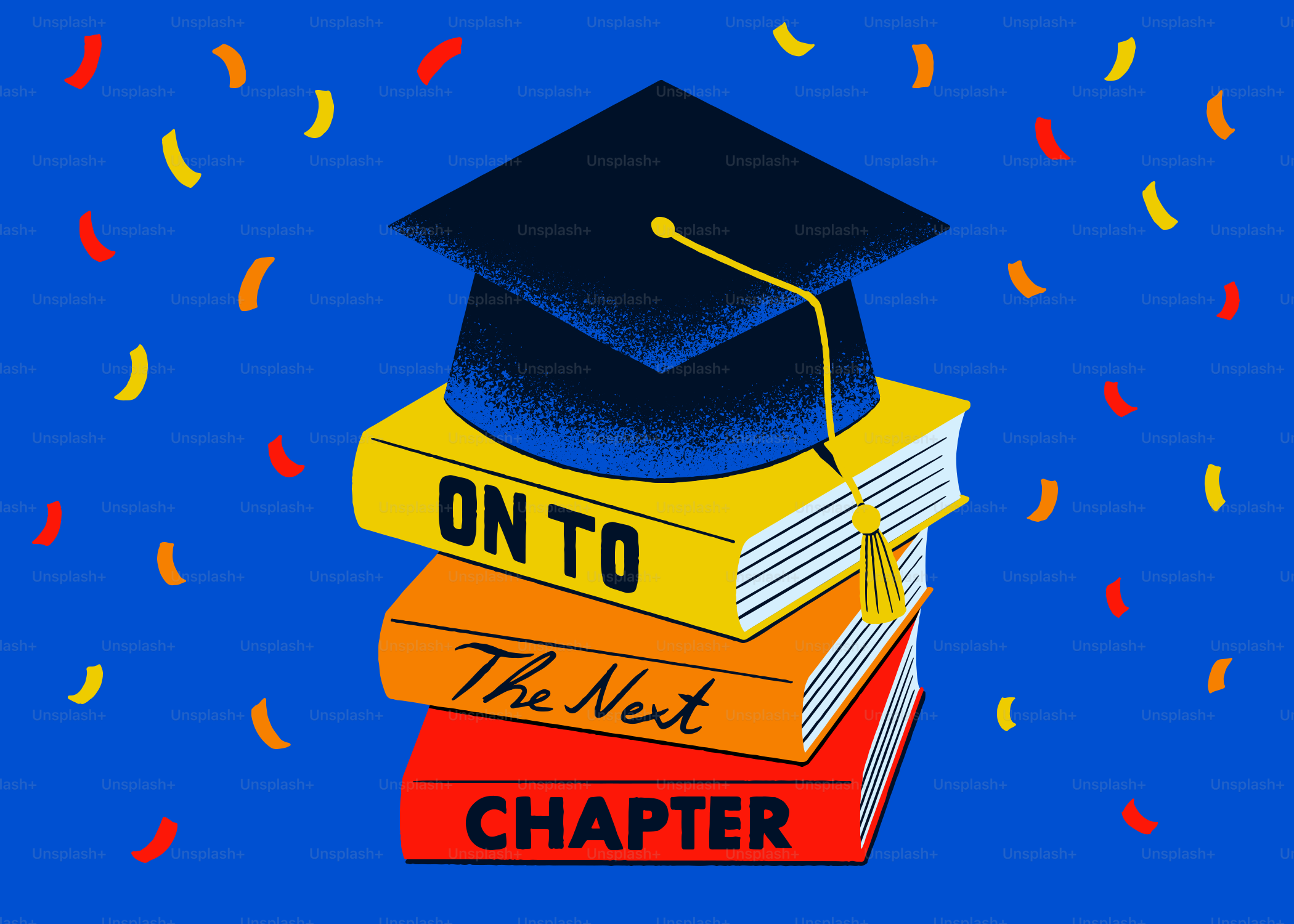 Casquette de remise des diplômes sur une pile de livres avec des confettis