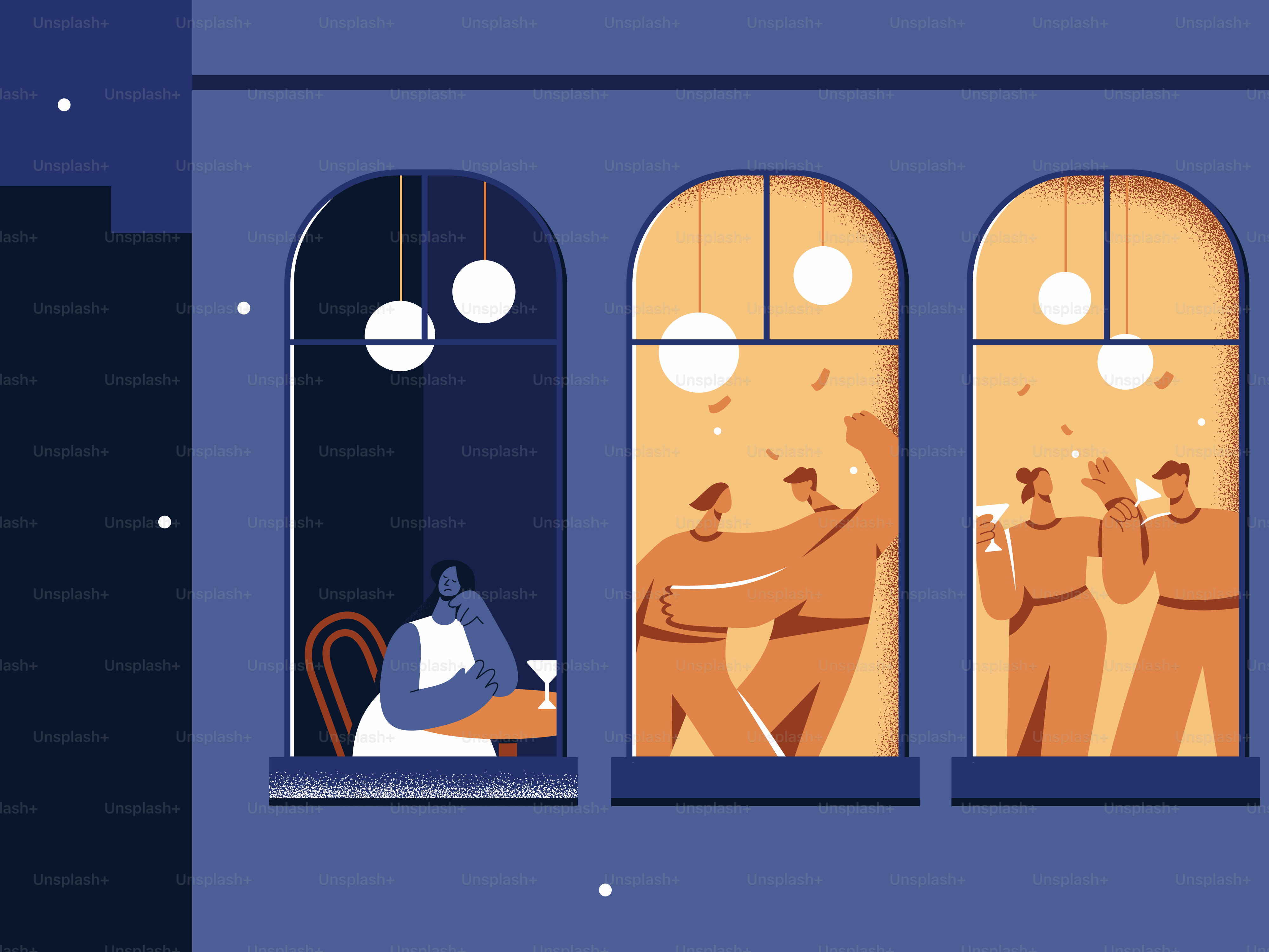 夜の明かりのついた窓の前で人々が祝い踊っている。