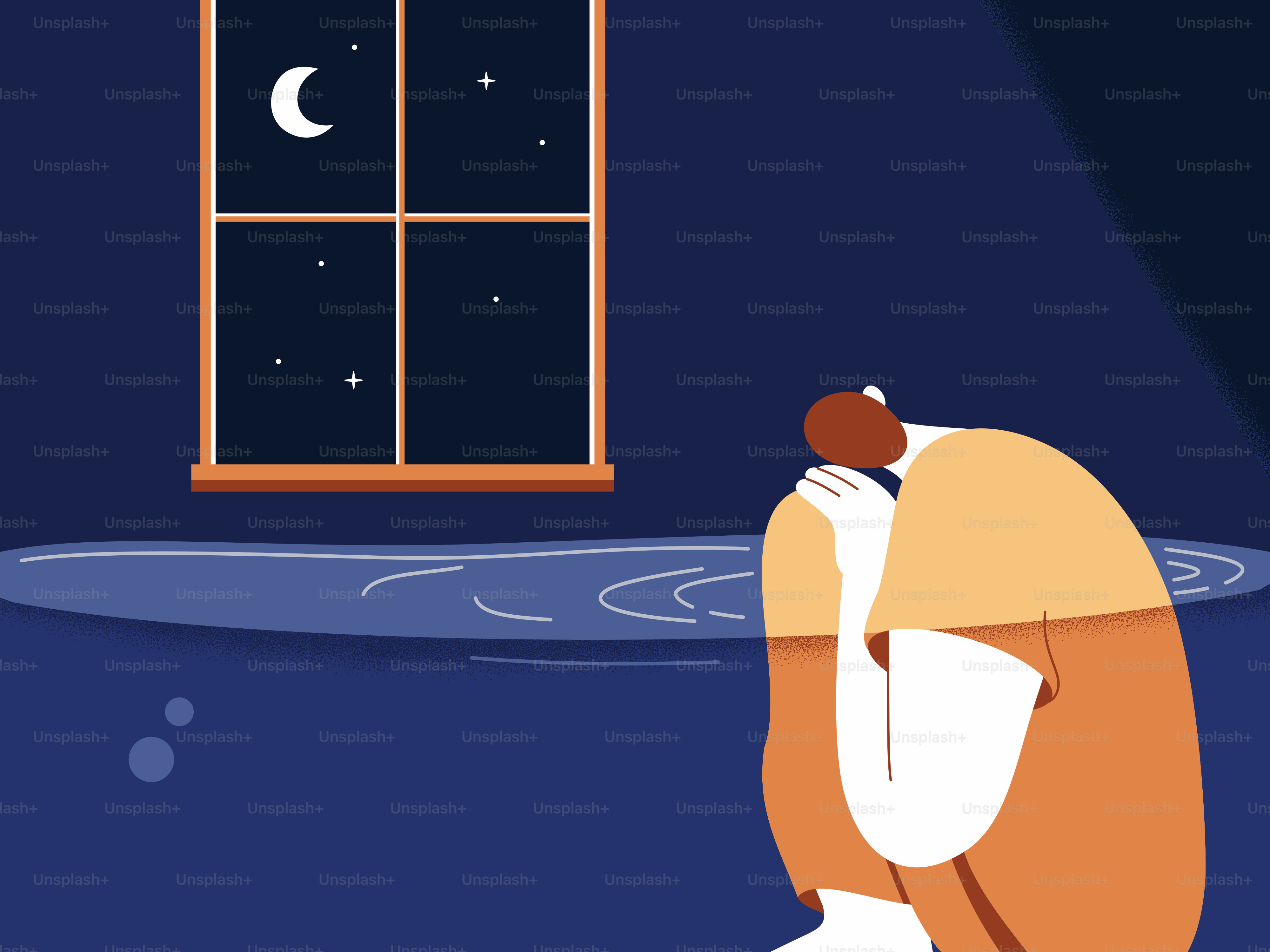 夜に浸水した部屋に座っている人