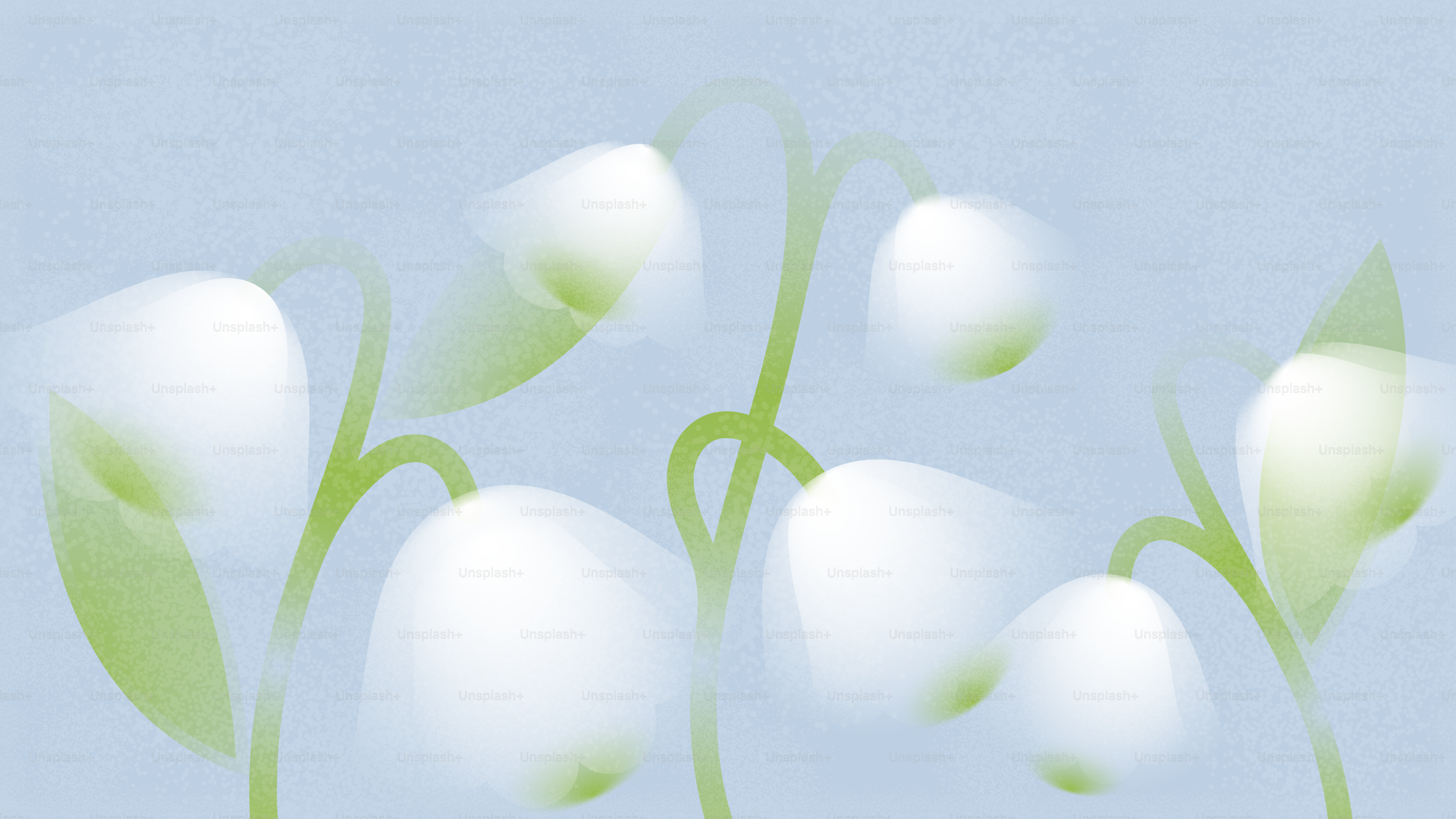 青い背景に緑の茎を持つ繊細な白い花。