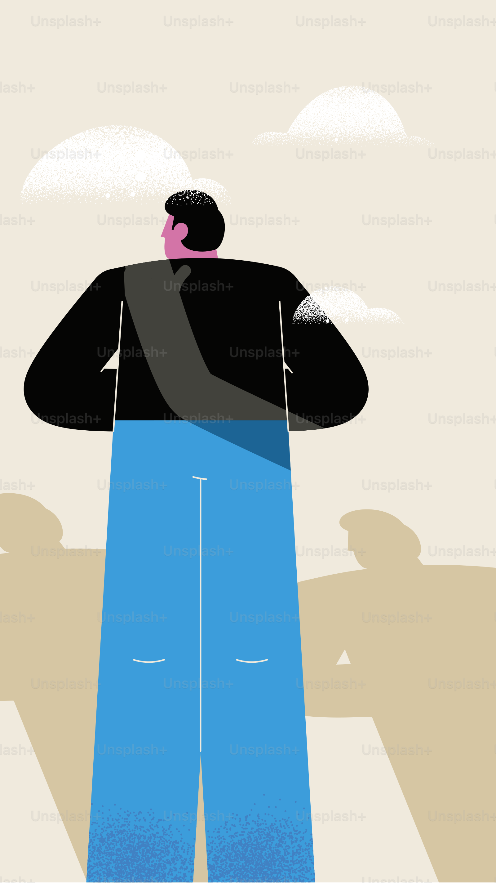 Pria dengan celana biru dan kemeja hitam melihat ke atas