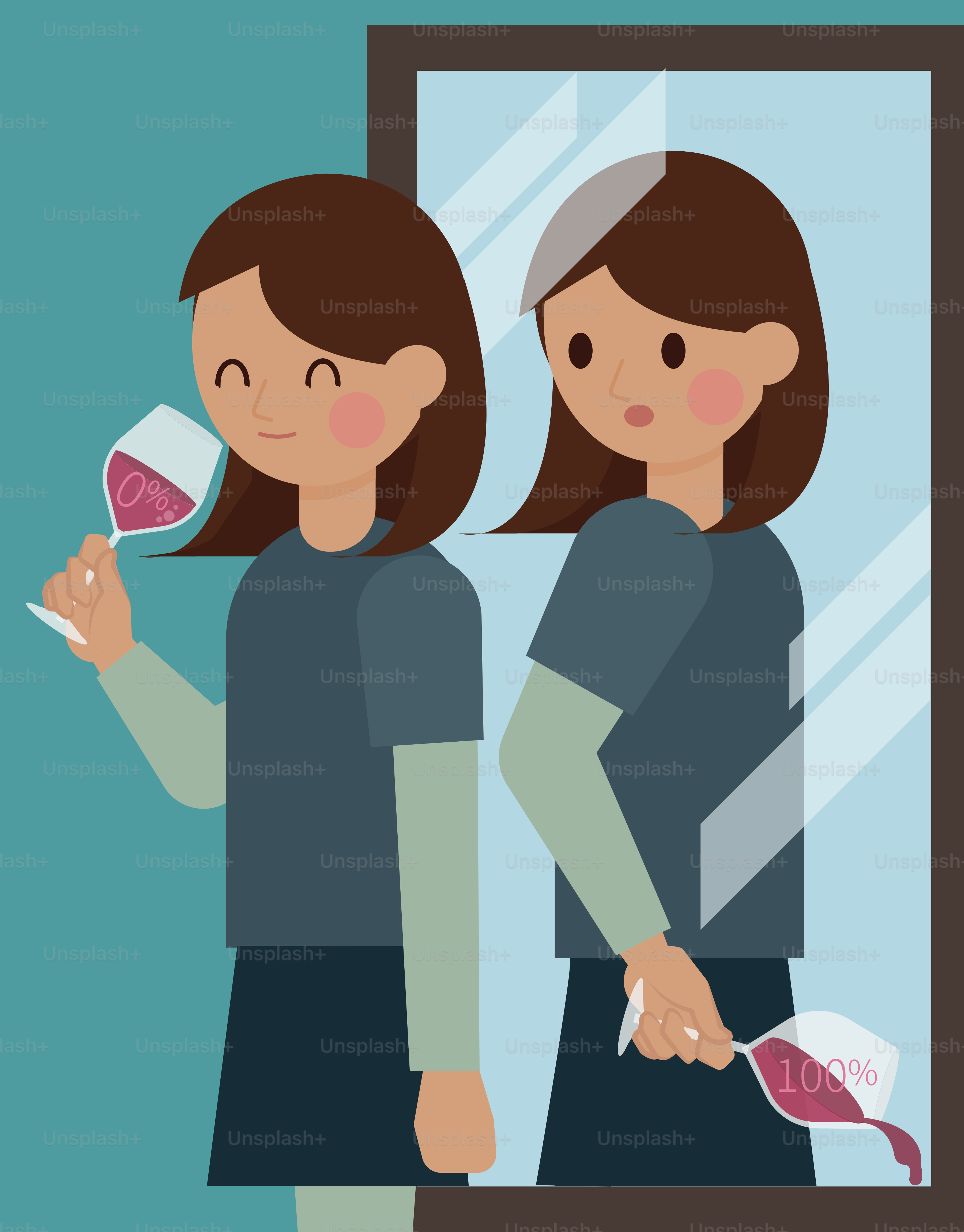 Woman tasting wine in front of a mirror
