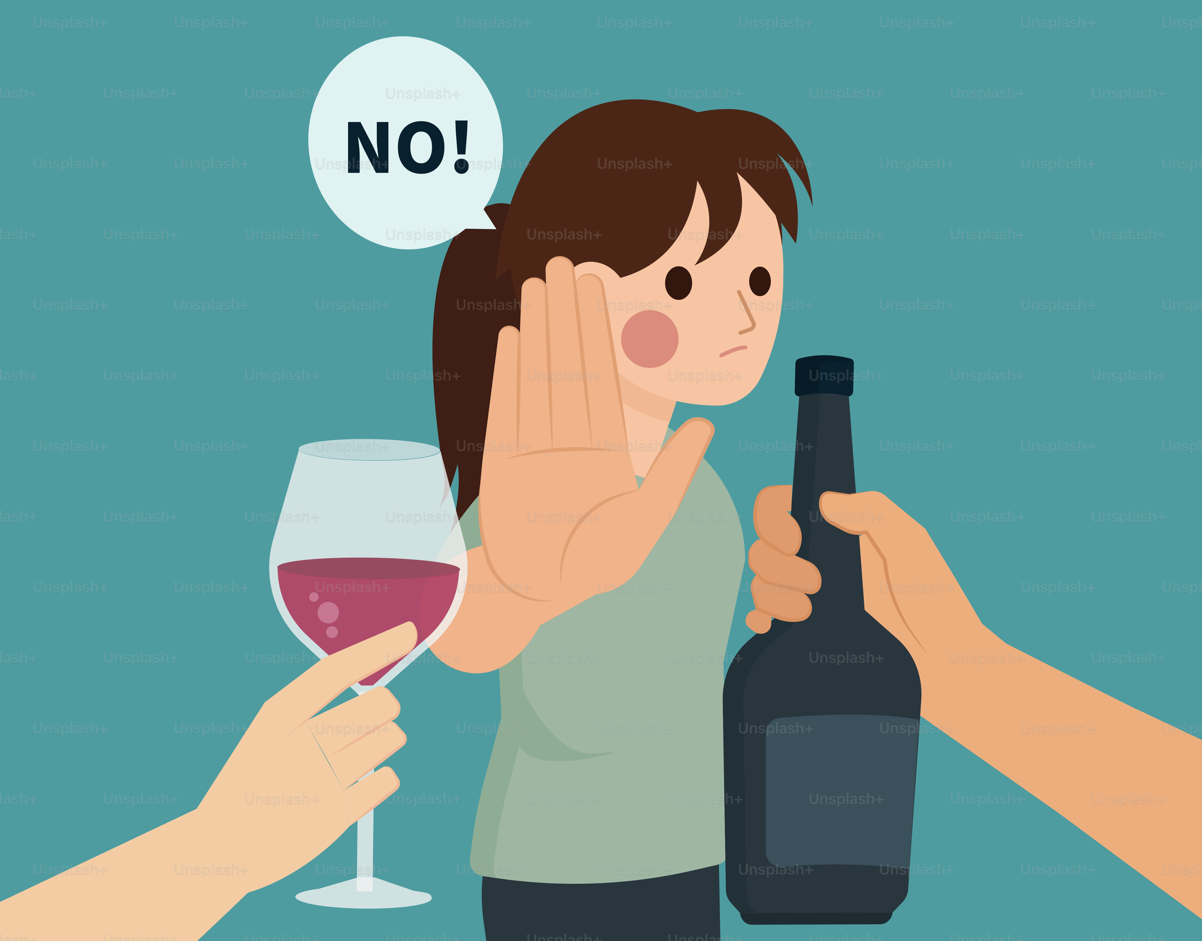 Woman refuses alcohol offered by two hands. vector – Illustration Image ...