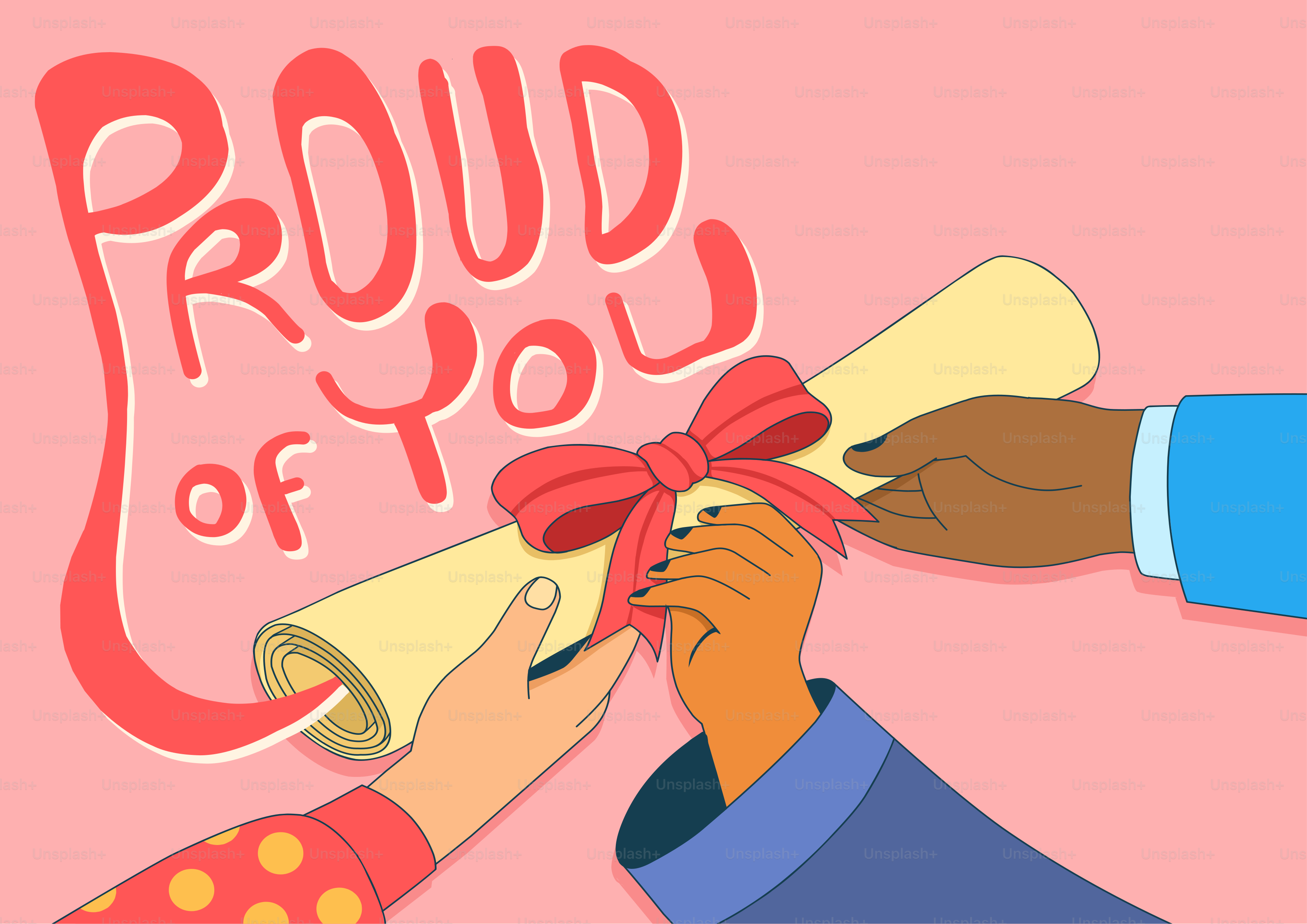 Hands passing a diploma with "proud of you" text.