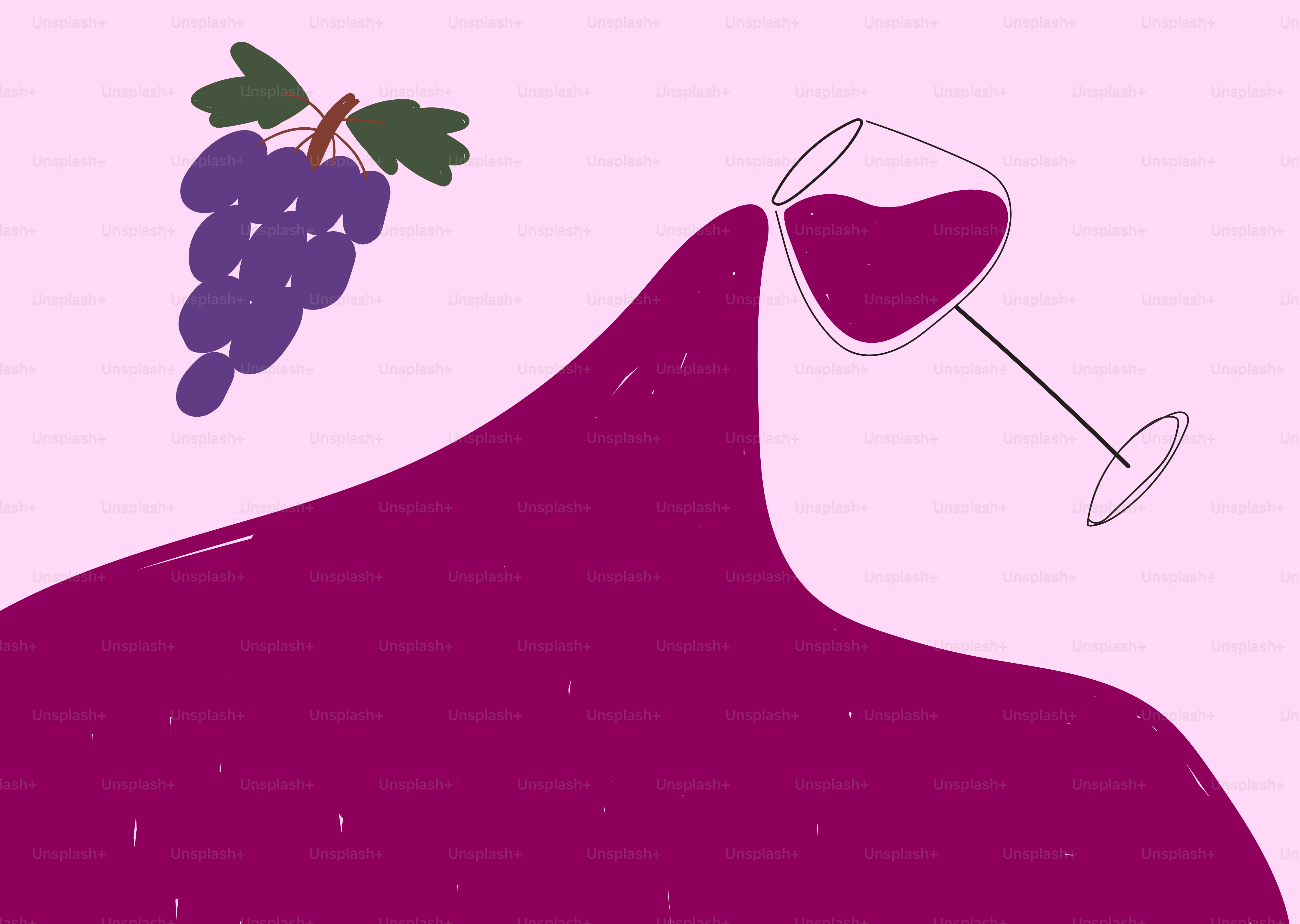 Grapes and spilled red wine on a pink background
