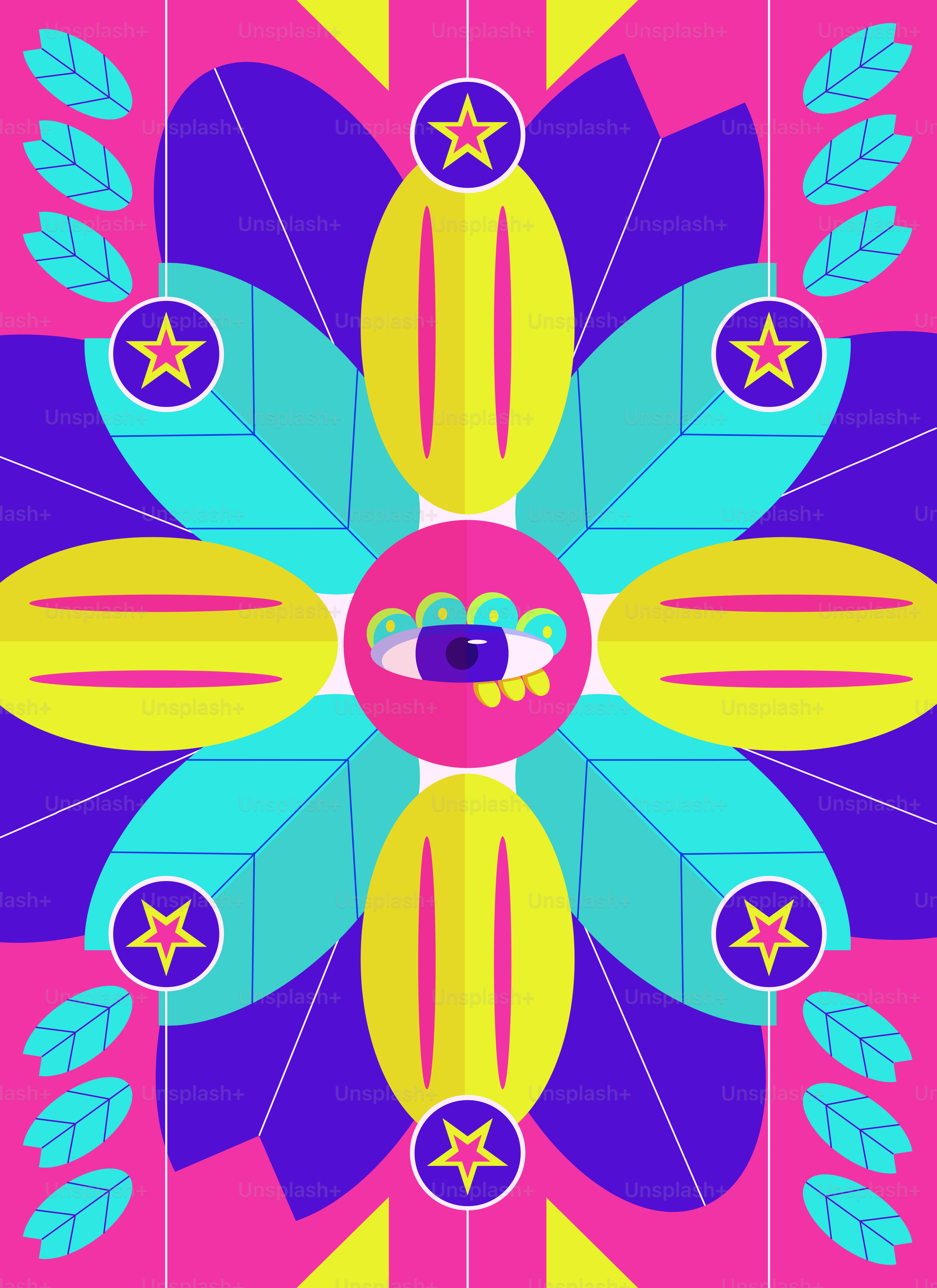 Vibrant abstract floral design with an eye