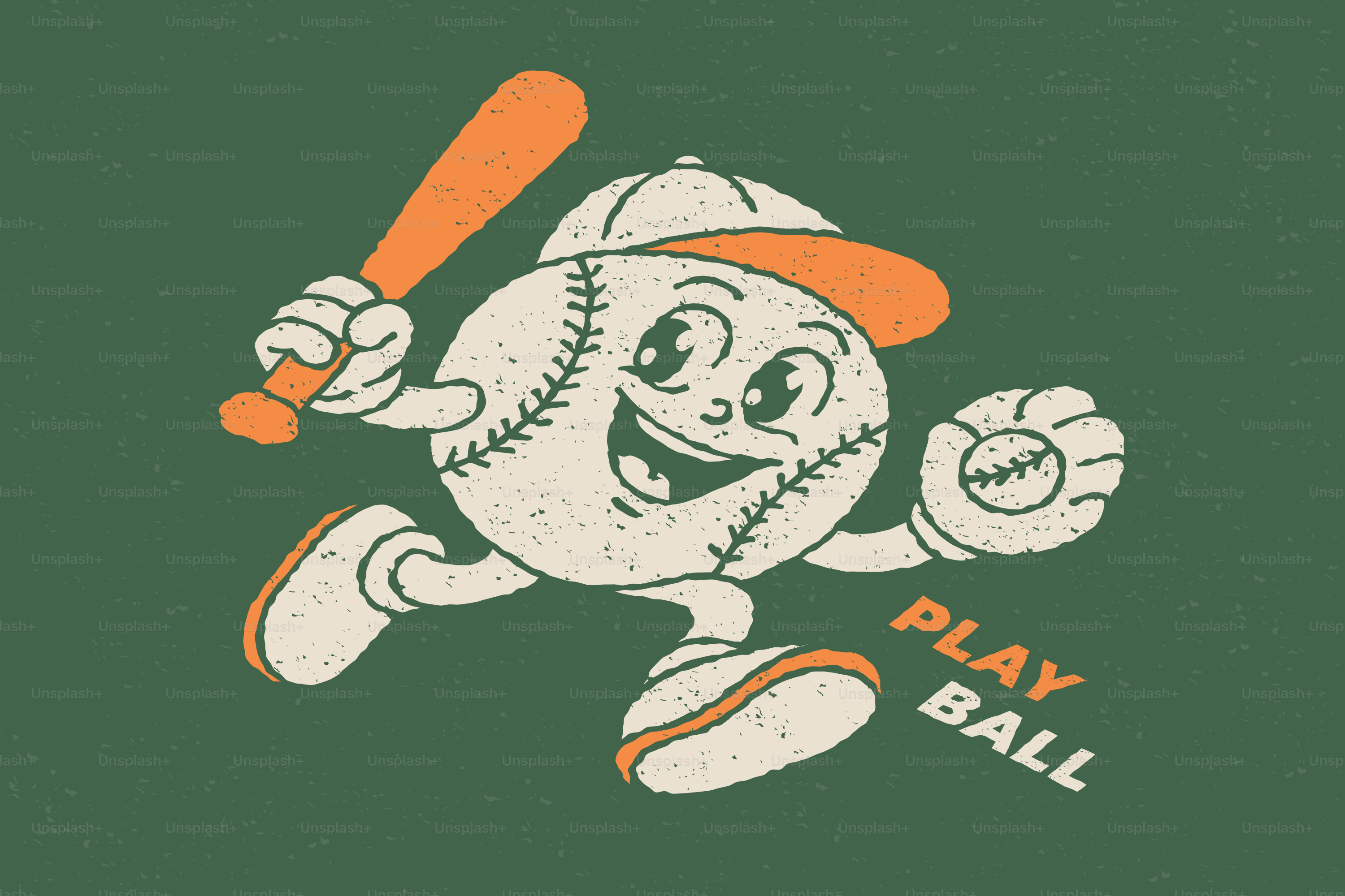 Personaggio di baseball dei cartoni animati che fa oscillare una mazza con testo, gioca a palla