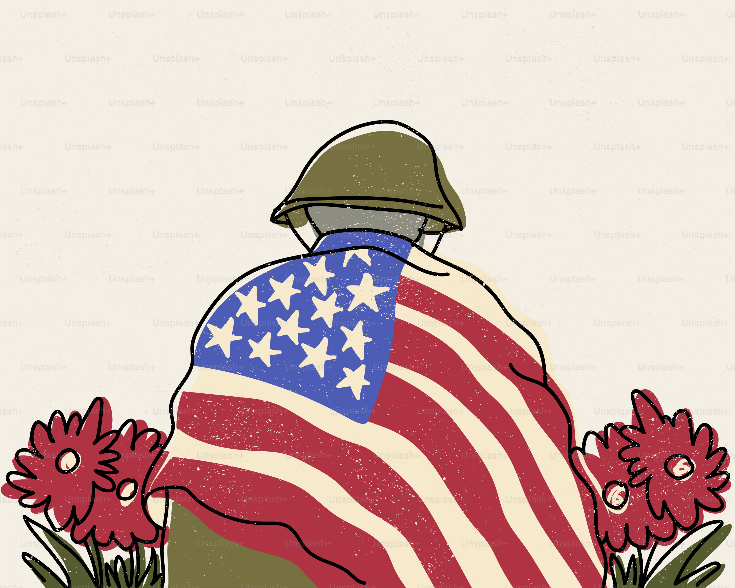 Soldier draped in american flag with flowers