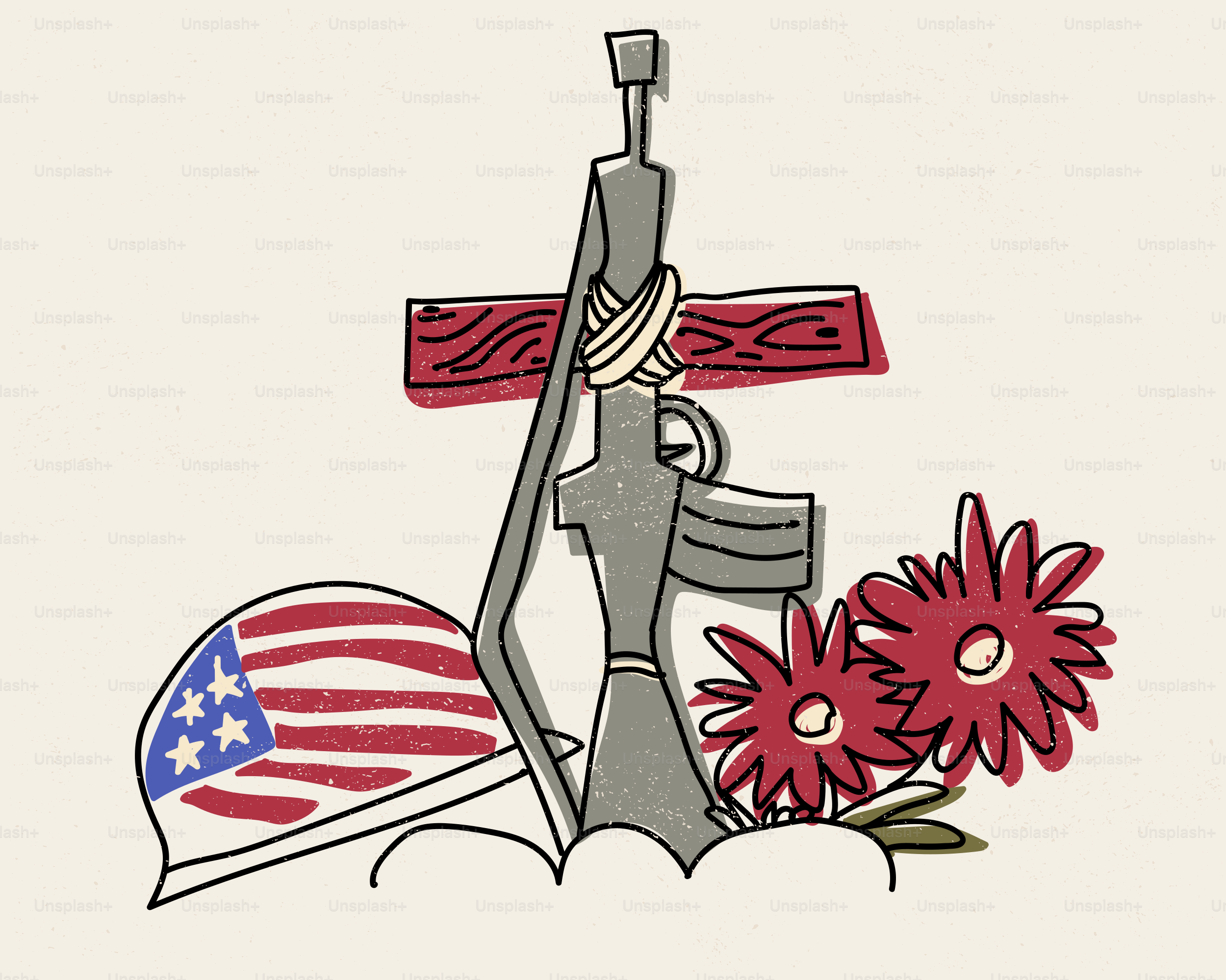 Casque militaire, fusil, croix et fleurs