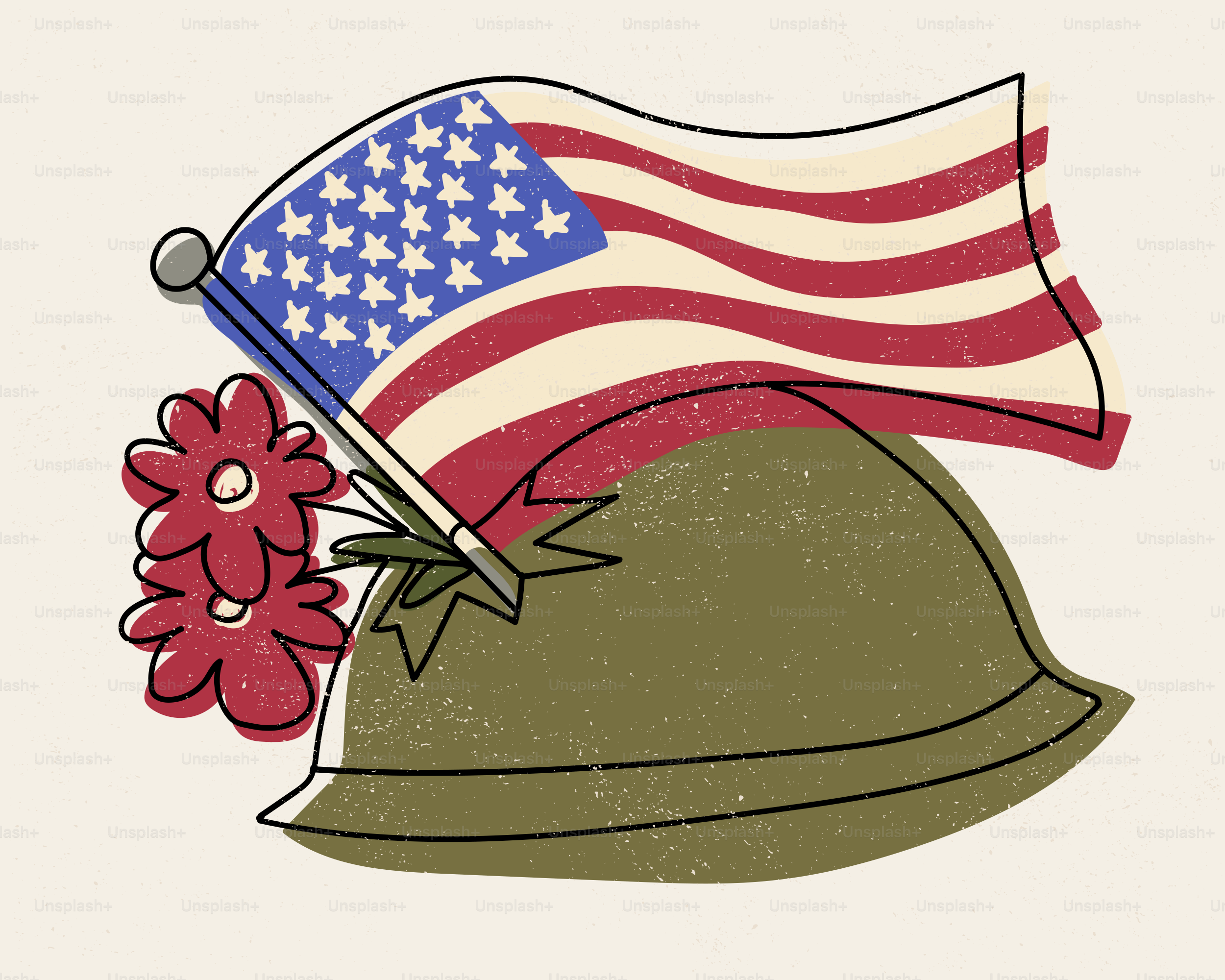 Bandera estadounidense y flores sobre un casco militar