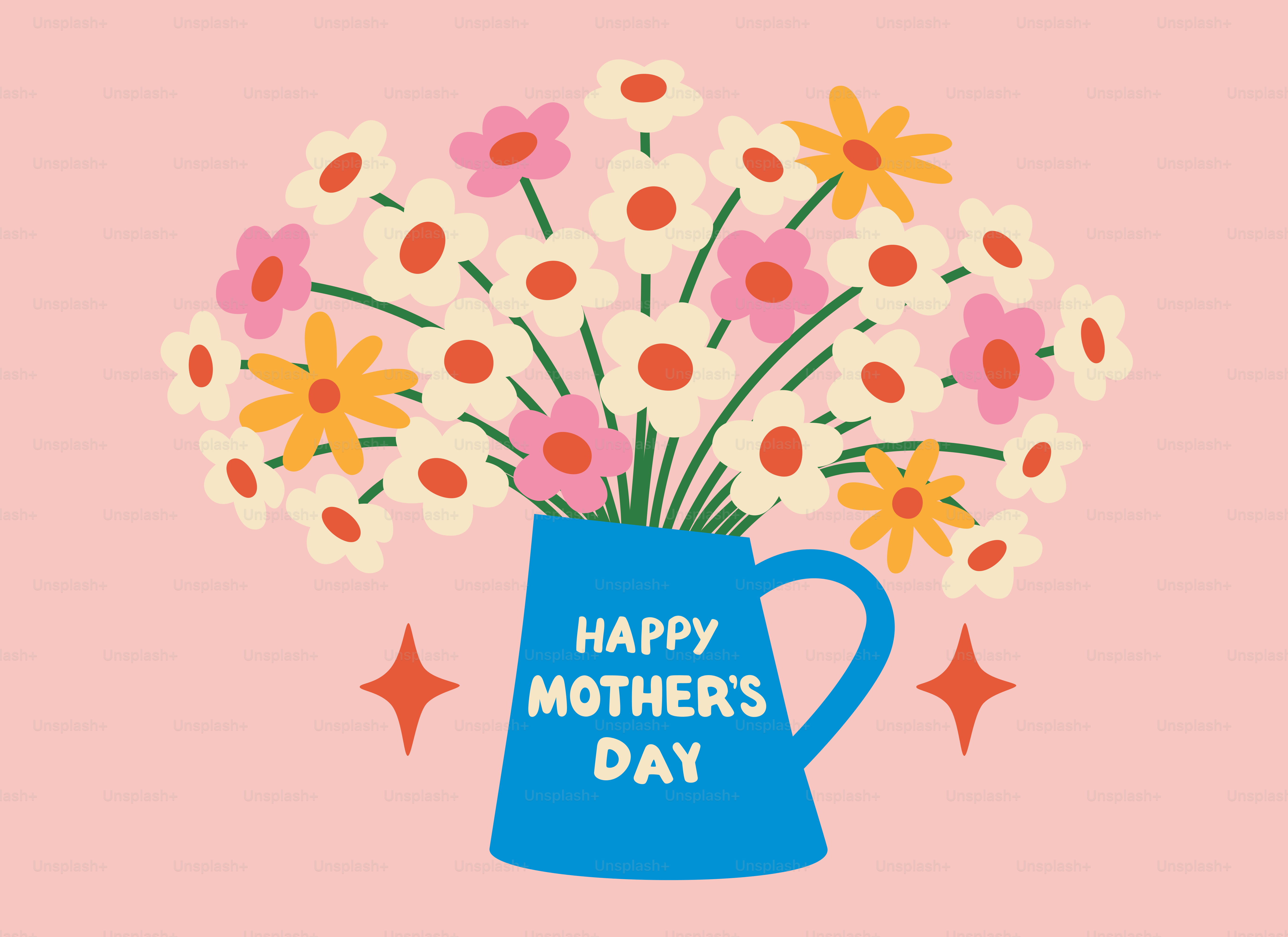 파란색 주전자에 담긴 어머니의 날 꽃다발 해피.