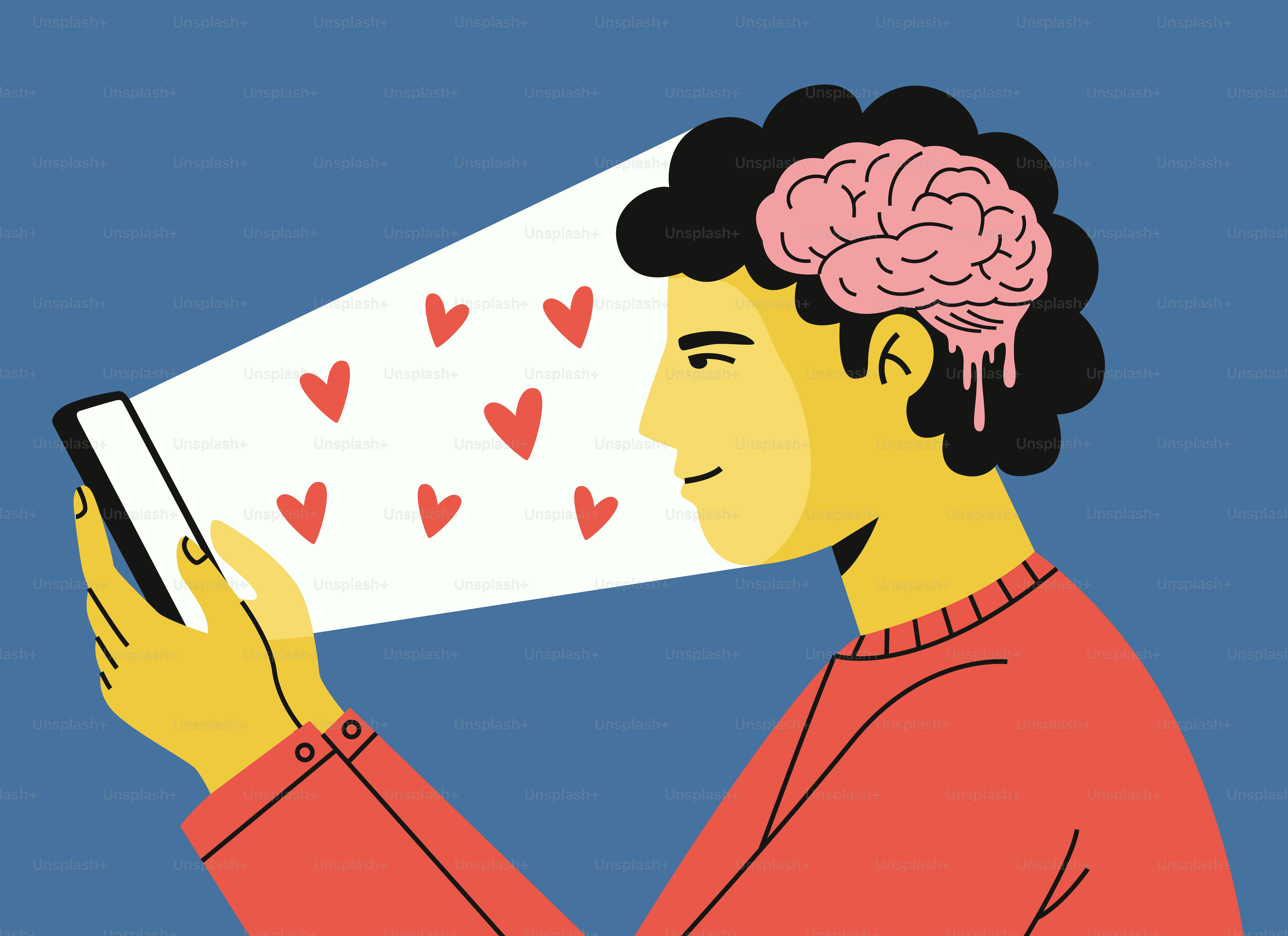 노출된 뇌가 하트가 있는 휴대폰을 보고 있는 남자