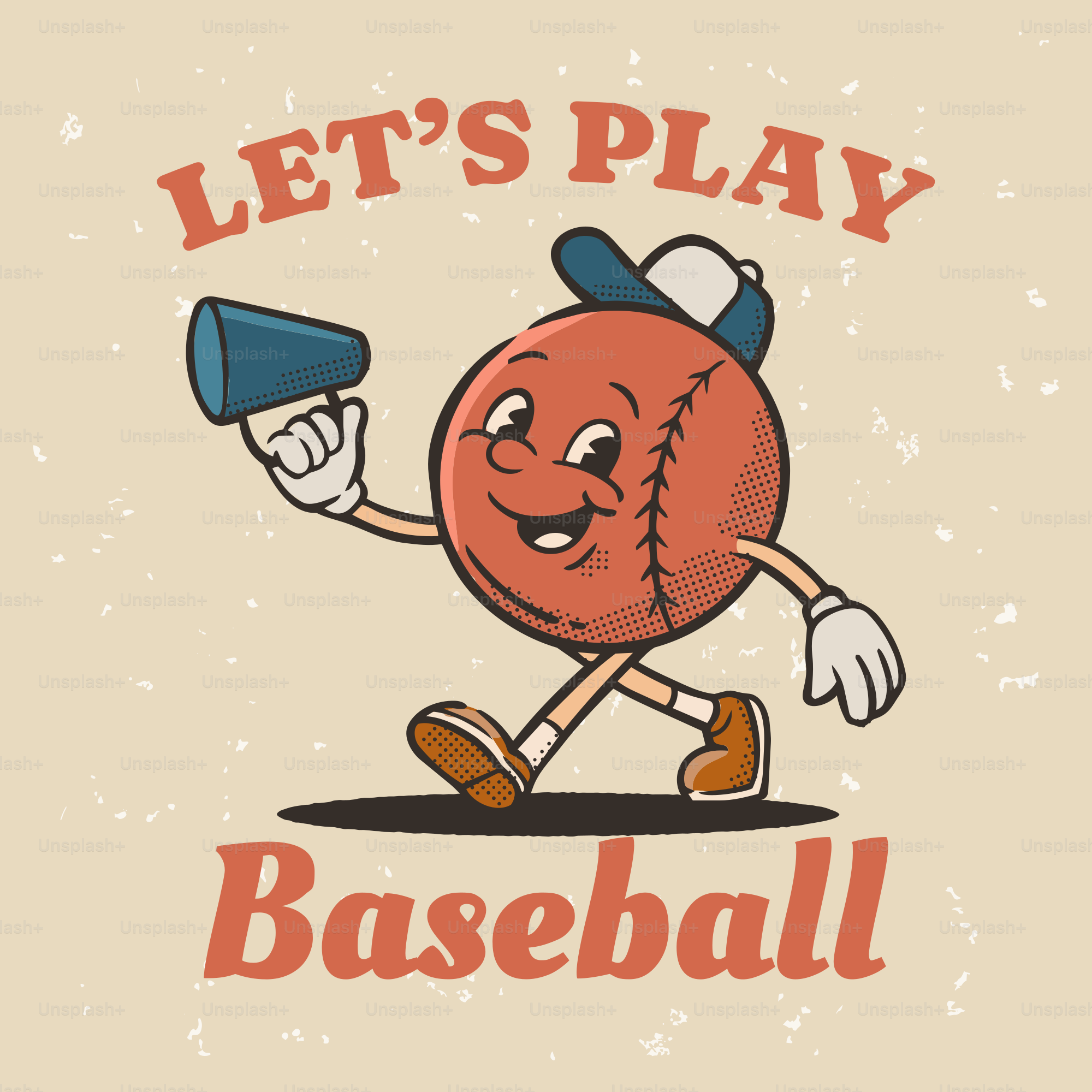 Personaggio di baseball dei cartoni animati che cammina con un megafono