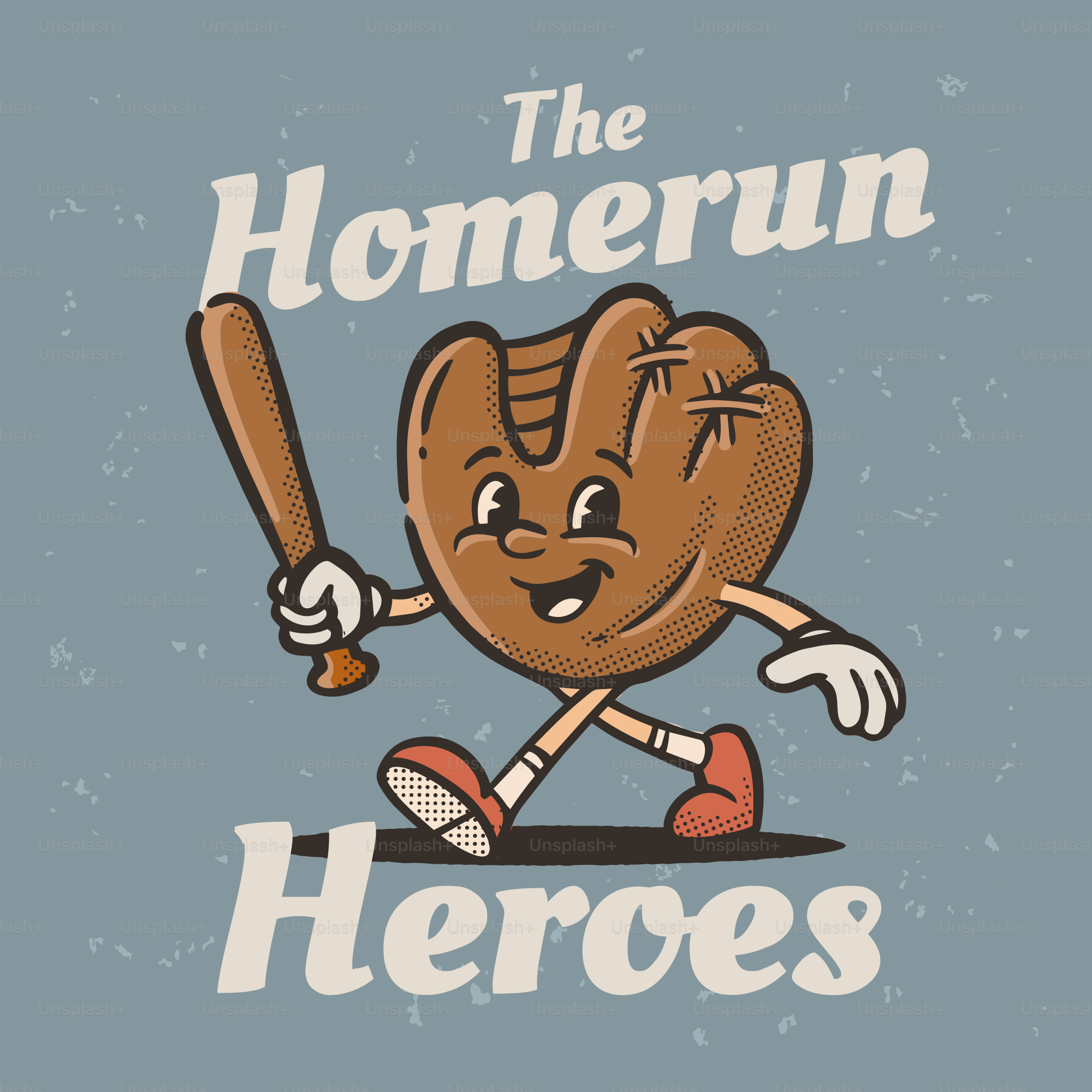 Vintage baseball glove character walking with bat