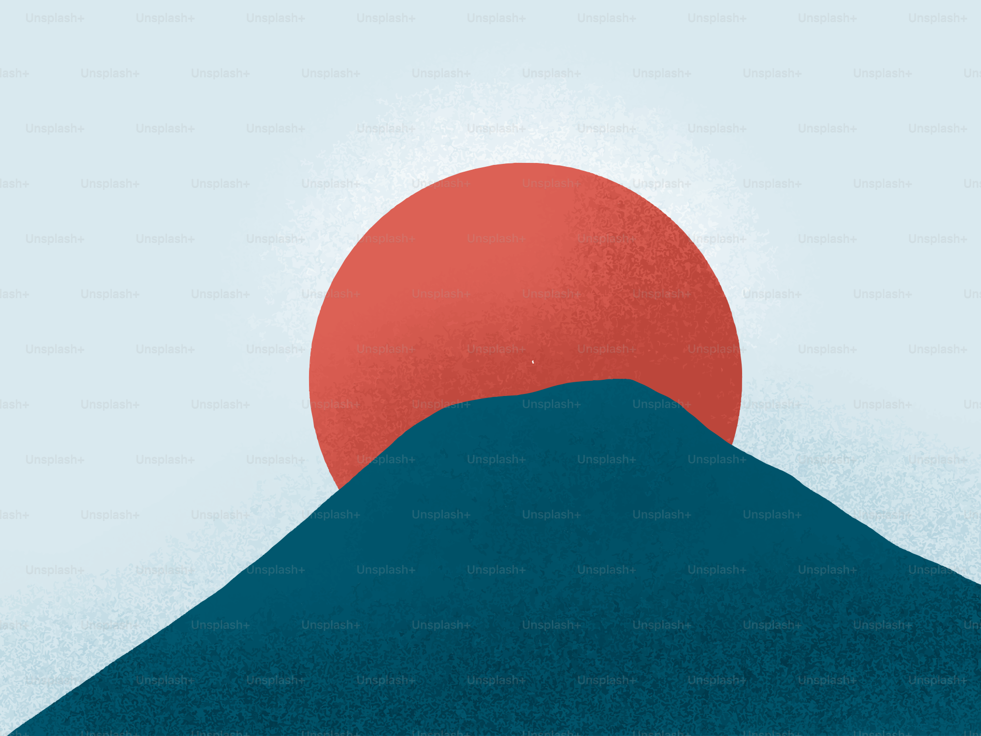 짙은 파란 산 뒤로 지는 붉은 해.