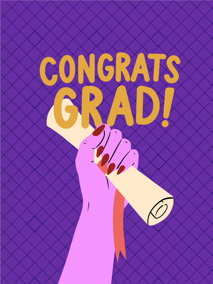 Hand holding diploma with "congrats grad!" text.