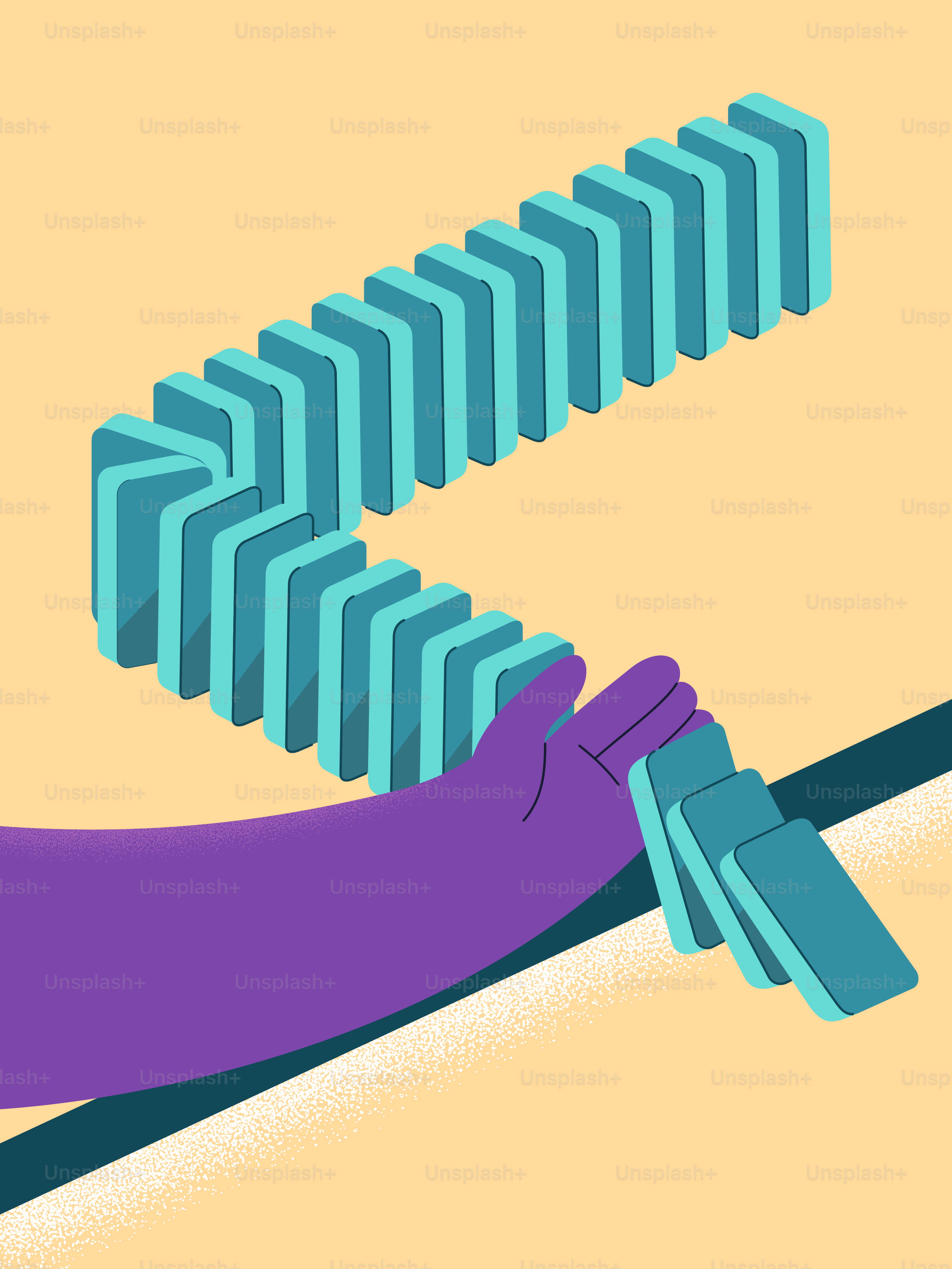 紫色の手がティール色のドミノの列を倒している。