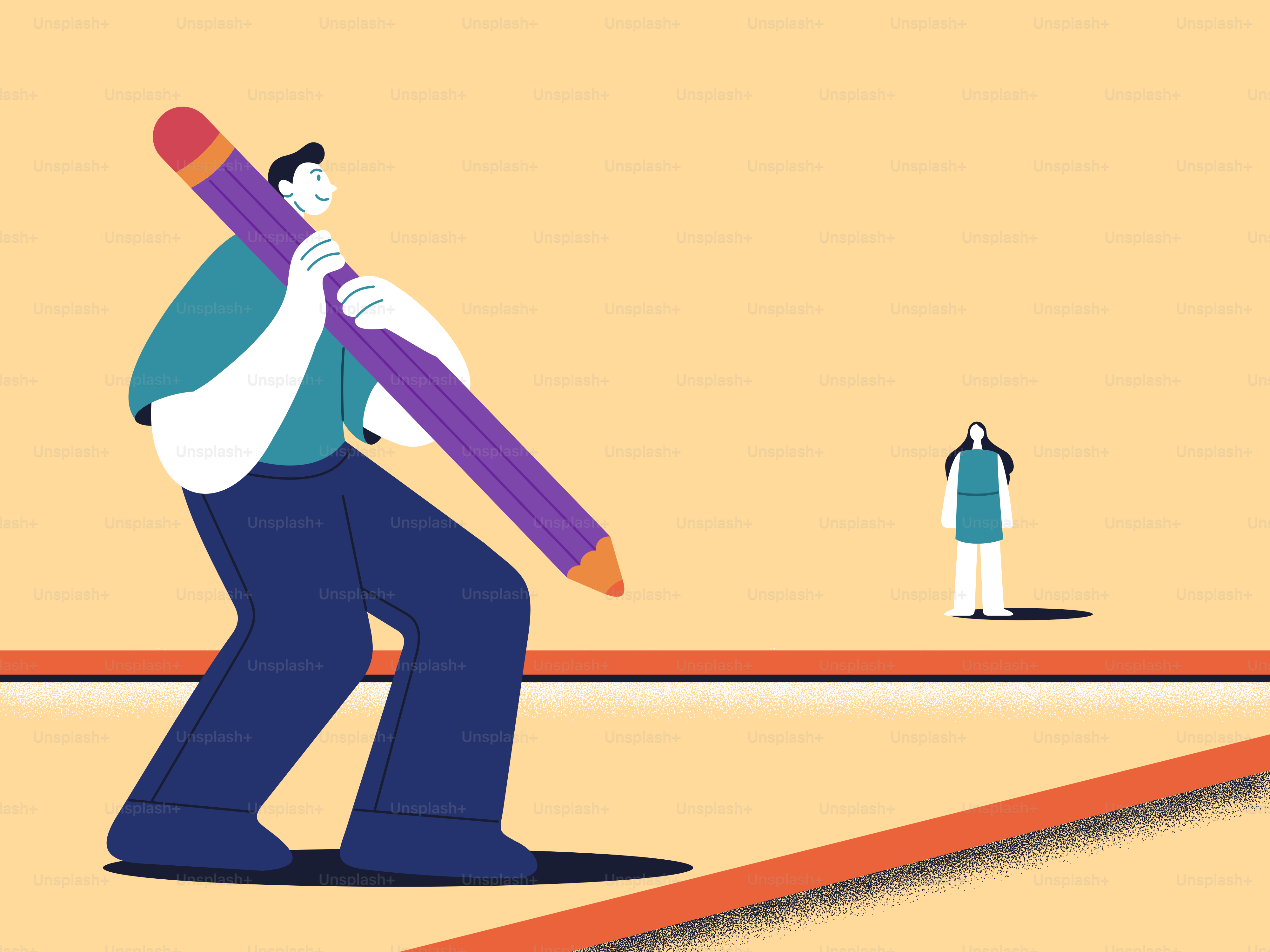 小さな人に向かって巨大な紫色の鉛筆を持つ男性