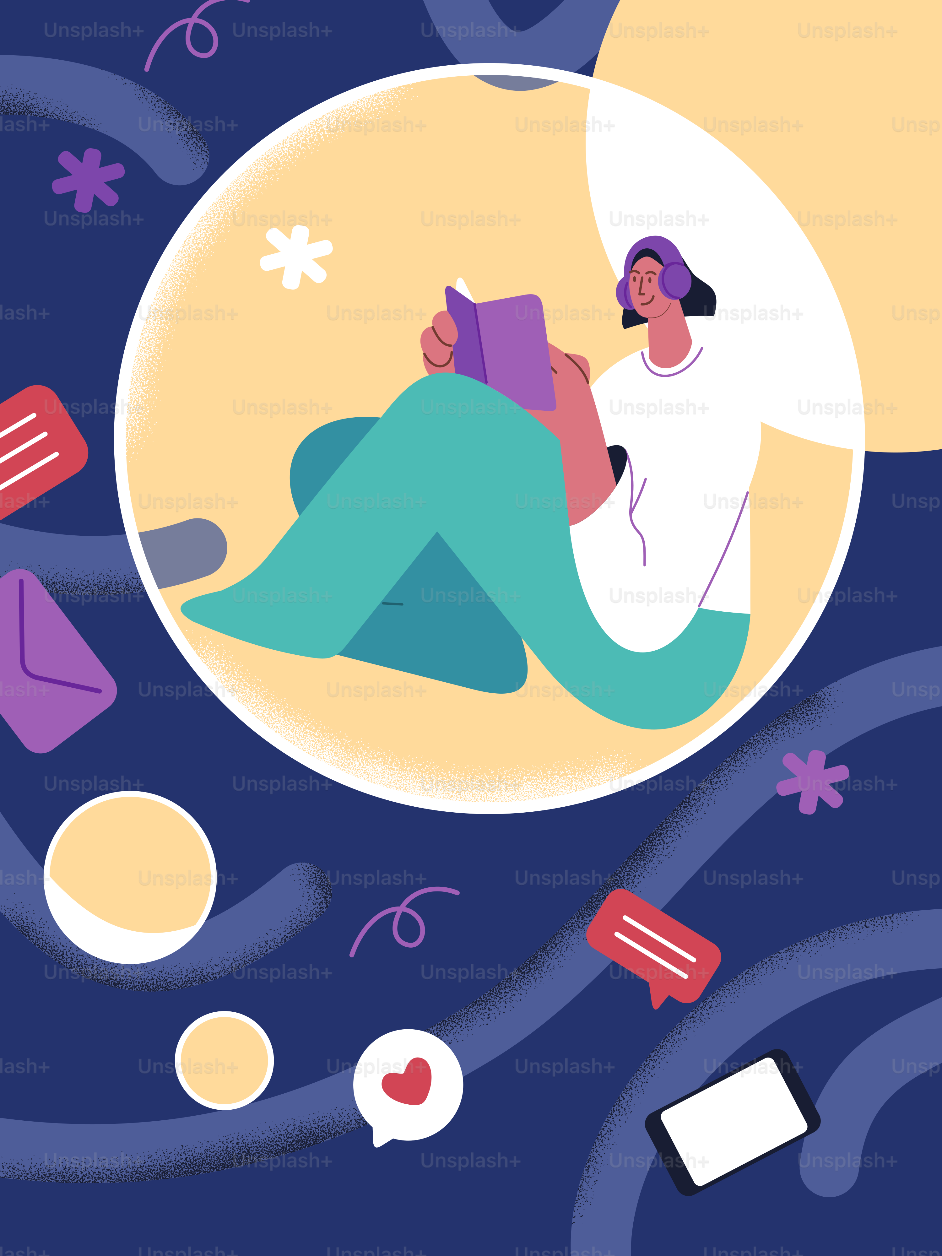 デジタルアイコンに囲まれたバブルの中で読書している人