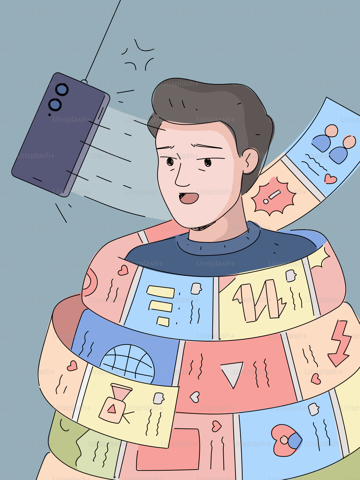 Man overwhelmed by information from phone vector – Illustration Image ...