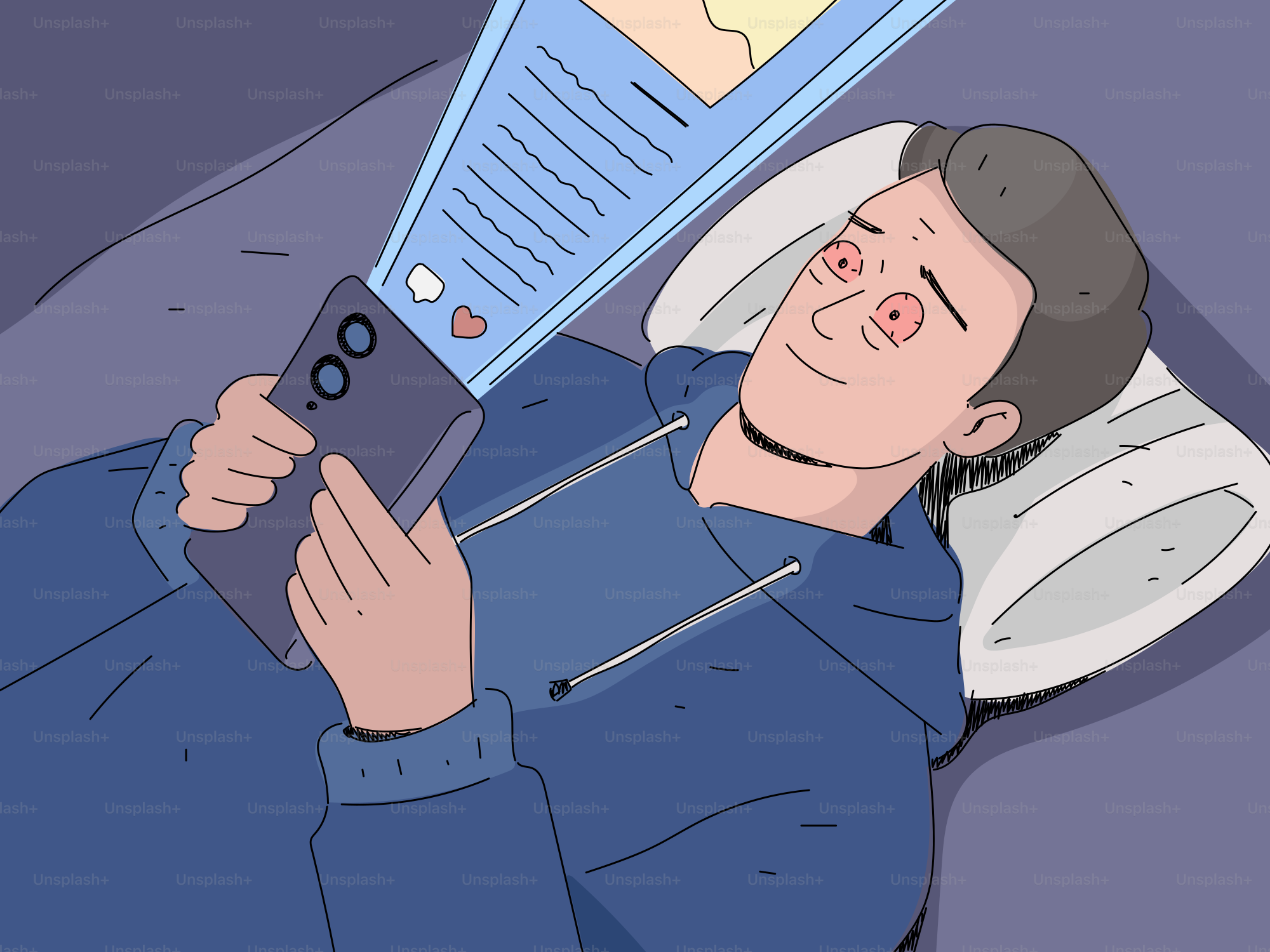 Man with red eyes looking at phone screen in bed.