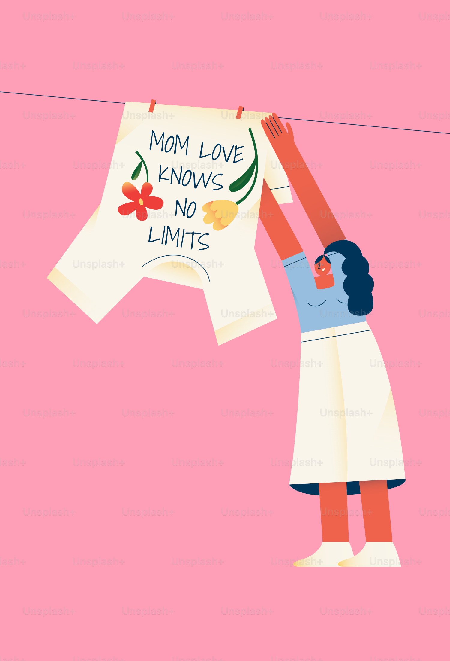 Person hangs shirt with flowers and text