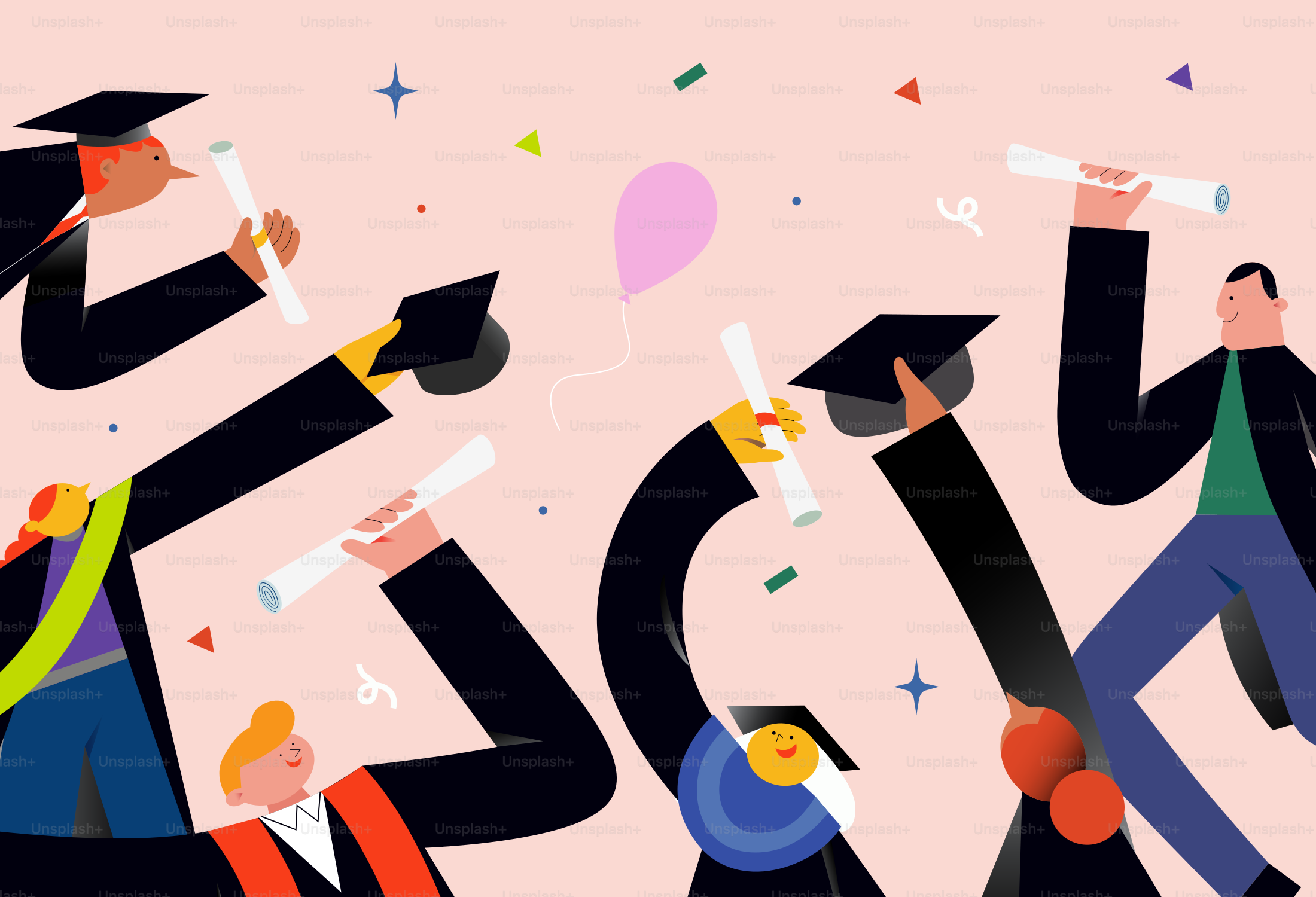 졸업장과 모자를 던지며 축하하는 졸업생들