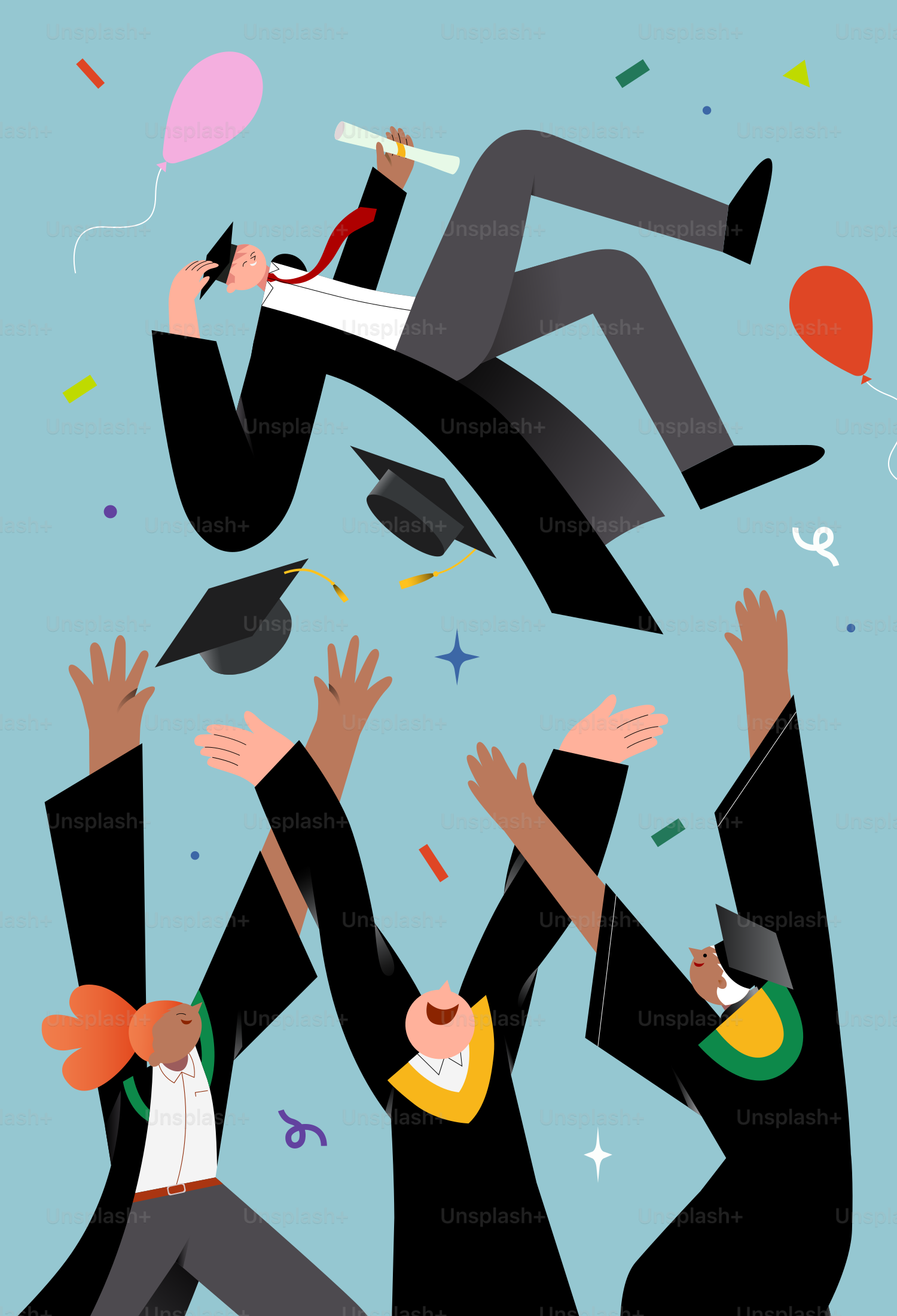 졸업생들이 친구를 공중에 던져 색종이를 뿌린다.