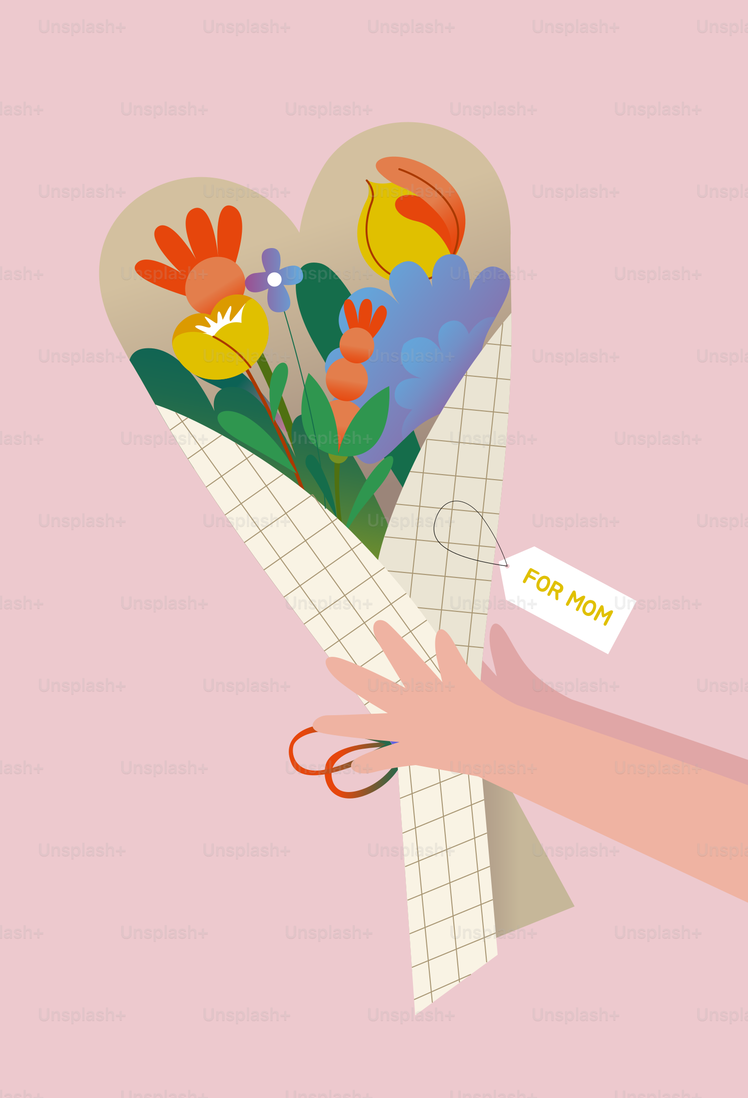 하트 모양의 다채로운 꽃다발을 손에 들고 있다