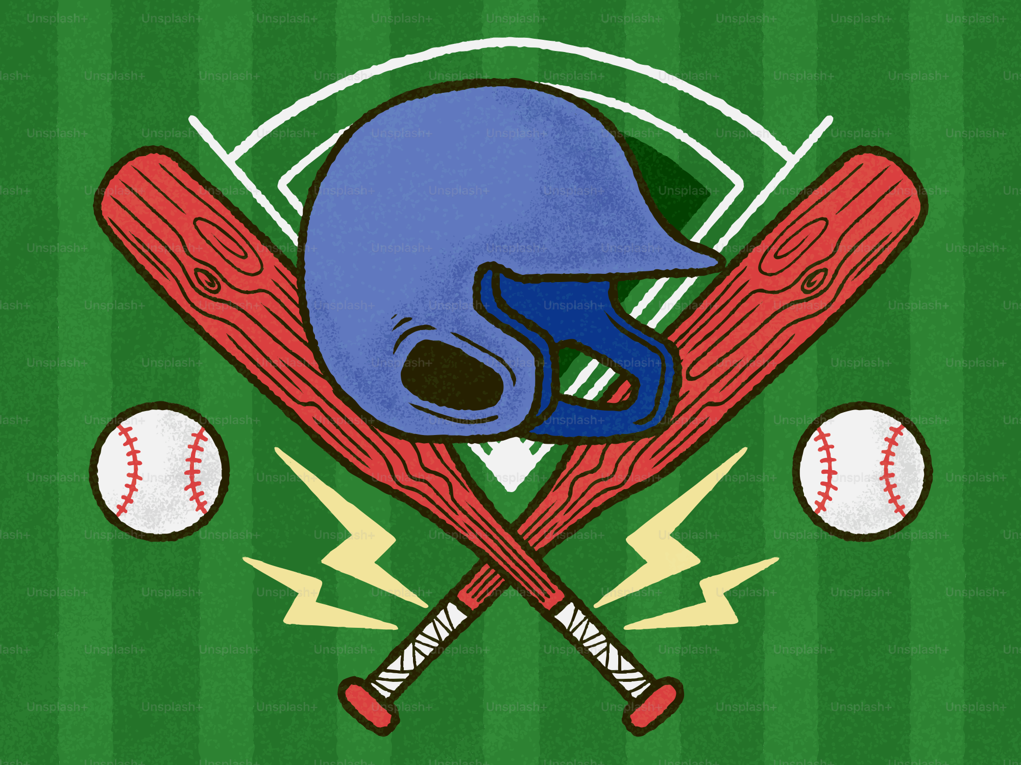 Baseballhelm, Schläger und Bälle auf dem Spielfeld