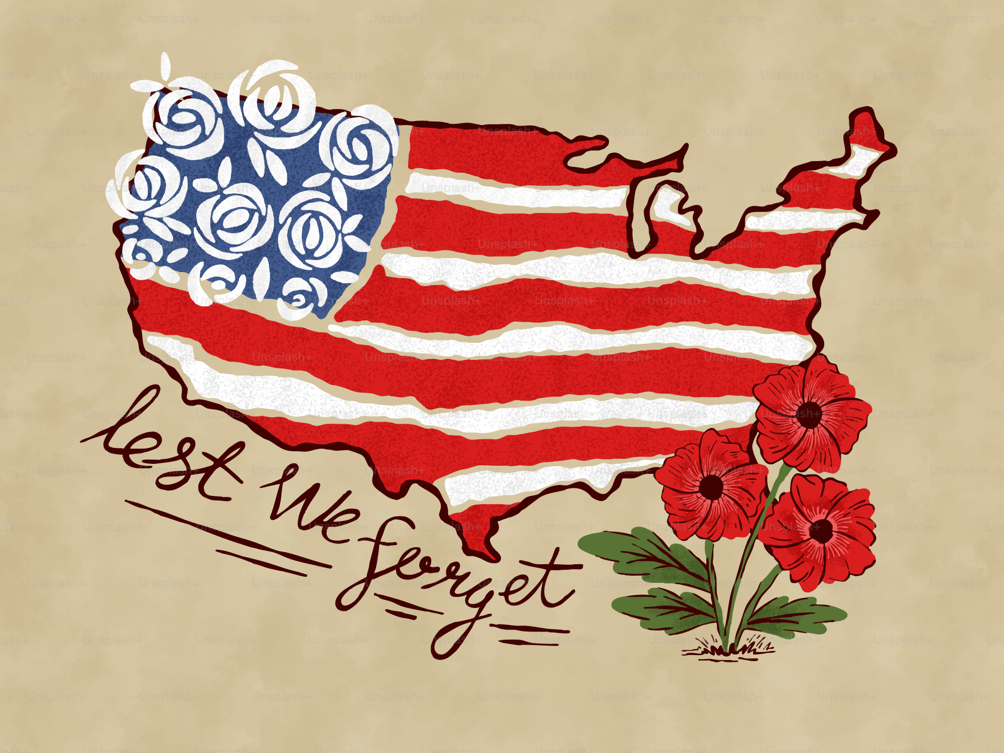 US-Karte mit Flagge, Mohnblumen und Text: 'Damit wir es nicht vergessen'.