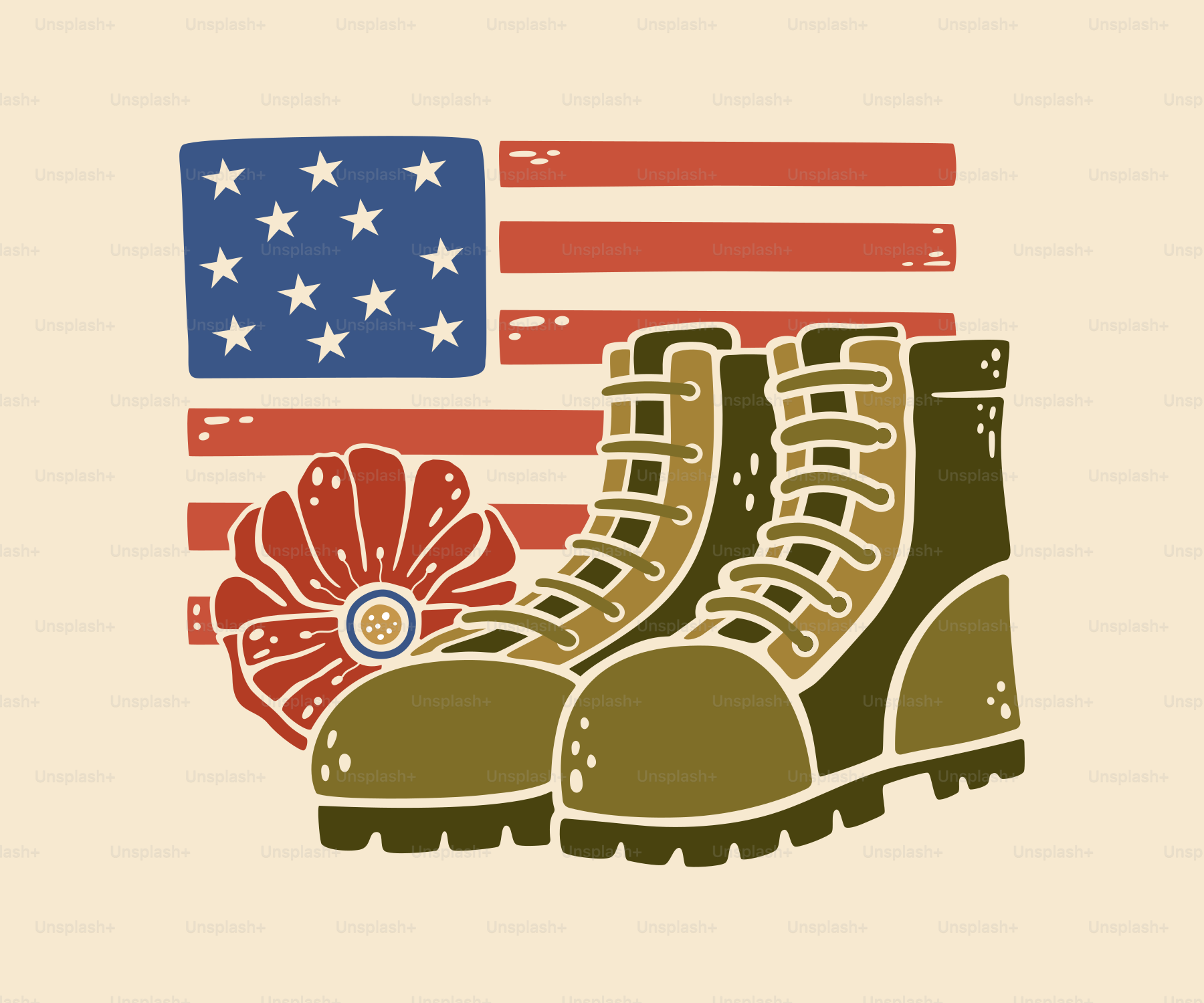 Combat boots and american flag with poppy