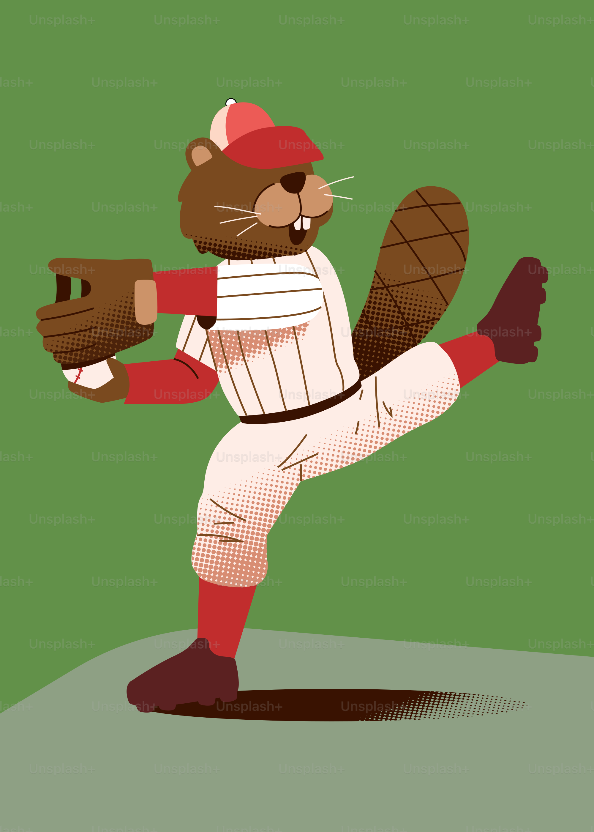 Um castor de desenho animado vestido de arremessador de beisebol