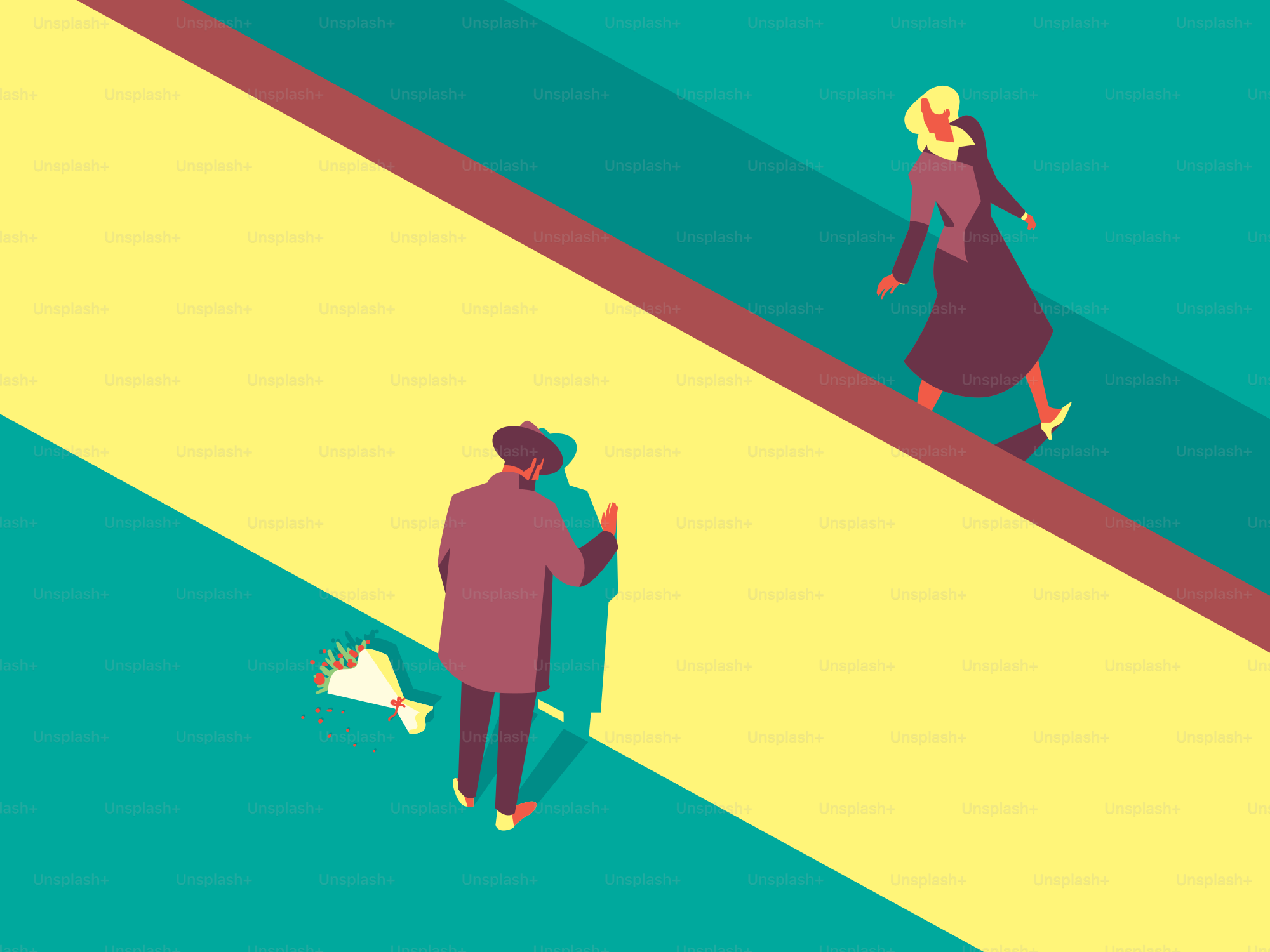 Man with dropped flowers looks at passing woman.