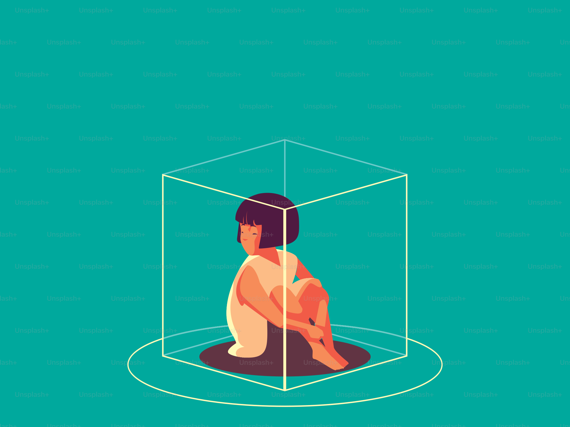 Enfant assis à l’intérieur d’un cube transparent sur fond sarcelle.