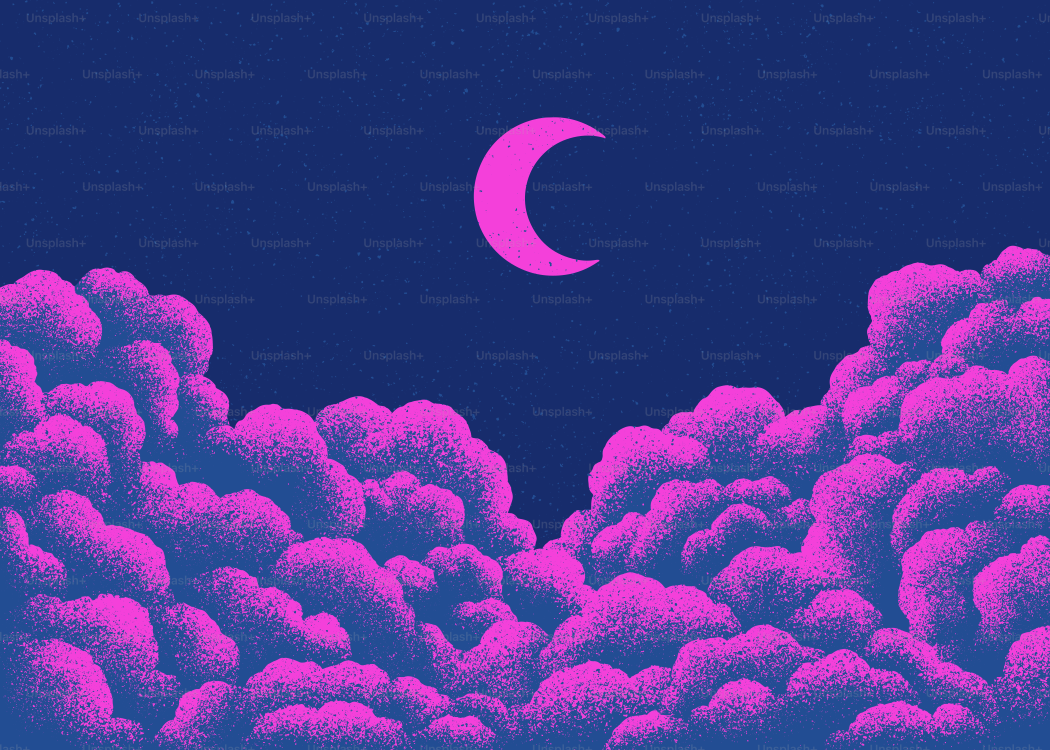 A pink crescent moon in a dark blue night sky.