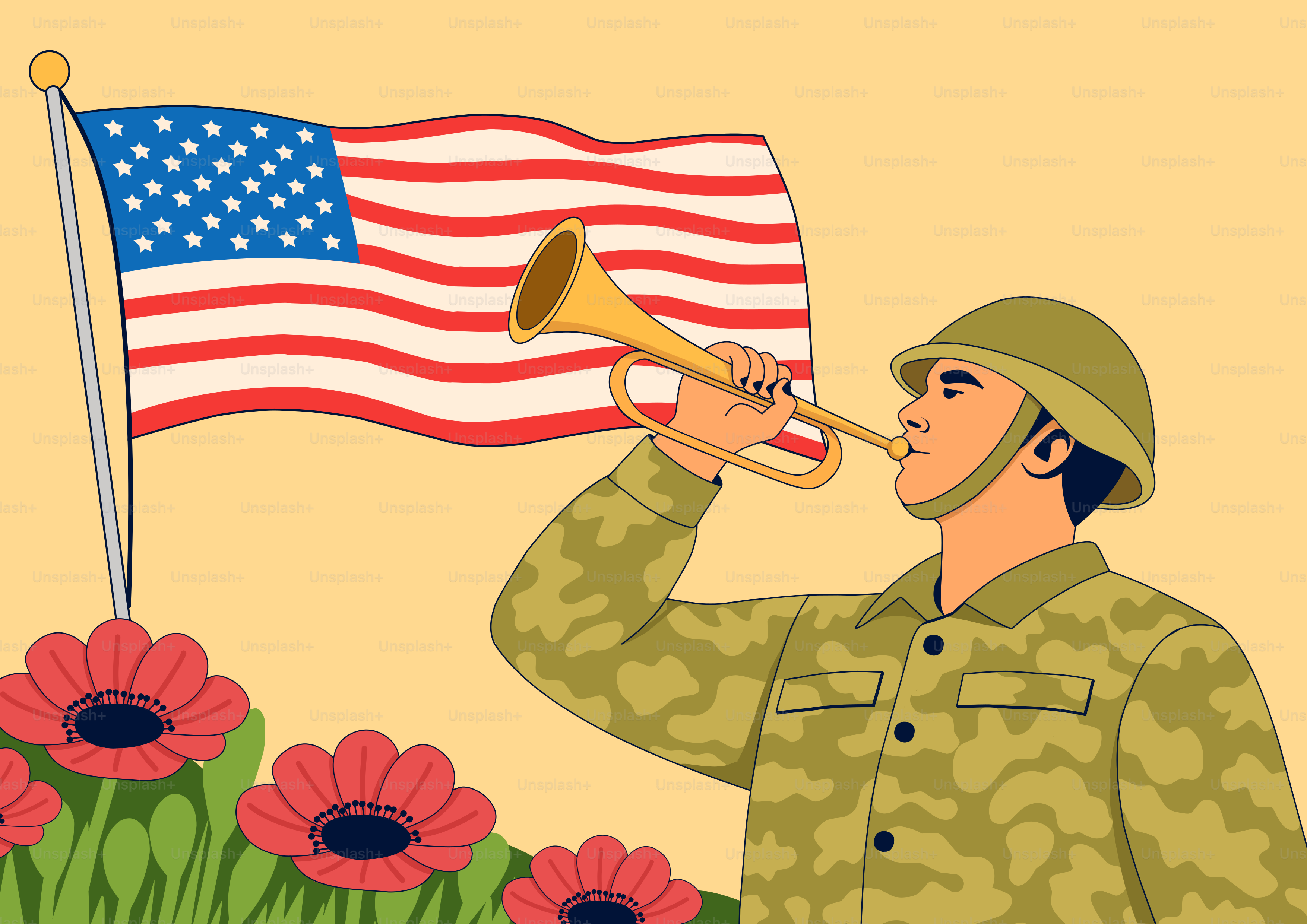 Soldat spielt Trompeten mit amerikanischer Flagge und Mohnblumen.